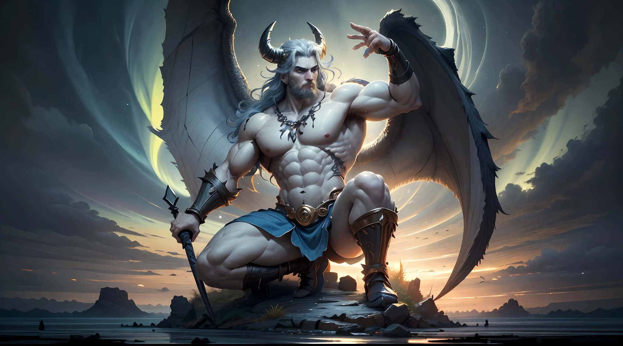 ((Best Quality)), ((Masterpiece)), (Detailed), image of Hades the Greek, (mythology: 1.2), (Majestic appearance: 1.1), loose beard and hair, muscular physique, Wearing a trident (The Realm of the Underworld: 1.1), (A powerful creature: 1.2), (Divine aura: 1.1), (domineering look: 1.1), 8K разрешение Viking, rocker, Rockstar, Cool, glare, radiance, spectrum, titanium, titanium, warrior, samurai, Strong WILL, A mighty force, energy, zipper, Salute, northern lights