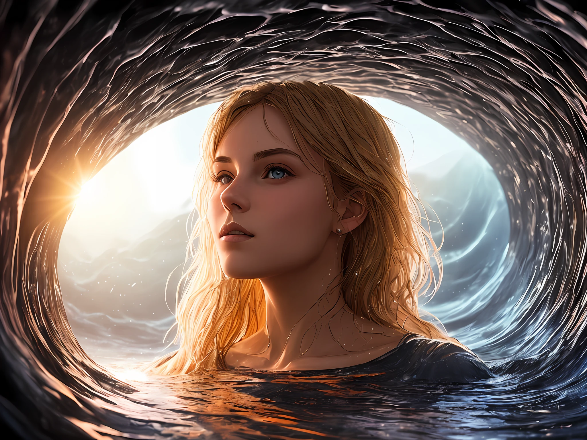 Full shot, (Portrait:0.2)  Cute blonde 18 year old girl, Inside the water wave tunnel, Star black hole background, Wet, rays of sunshine, insanely details, Cinematic, epic realistic, Intricate details, ultra - detailed, High quality, by Greg Rutkowski