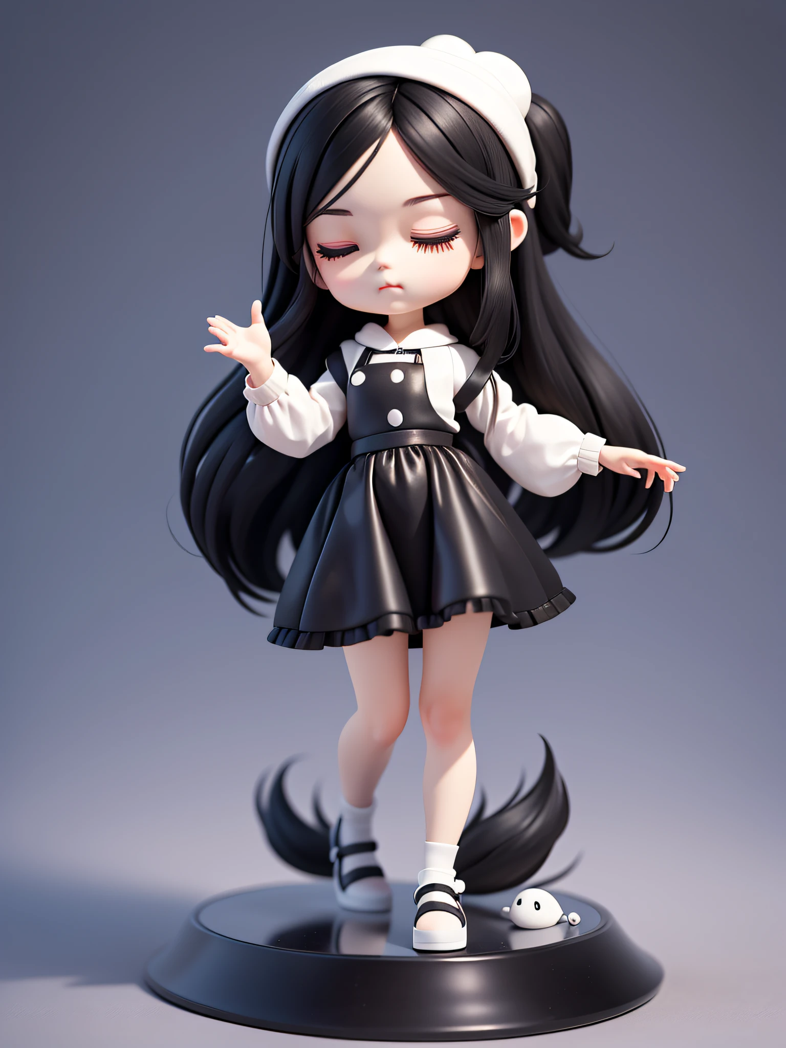 (masterpiece)、(top-quality)、(Full body:1.2)、(Infidelity rotten)、(Eyes closed)、Very cute and beautiful chibi anime girl, (long straight black hair), Black eye, White cooking clothes, Simple flat background, Full body, Standing, Highly detailed face and eyes, Clearly outlined, Solo