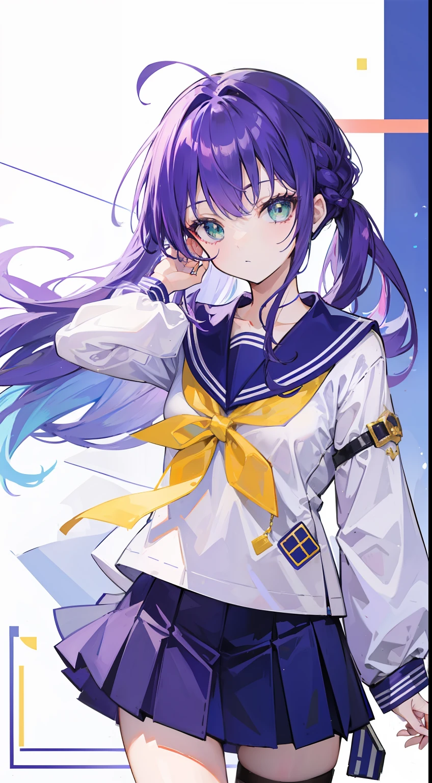a sailor suit、One girl、Purple hair、long、Light blue mesh、yellow-green eyes、masterpiece、top-quality、Top image quality、cute little、Geometric pattern background、Beautiful fece