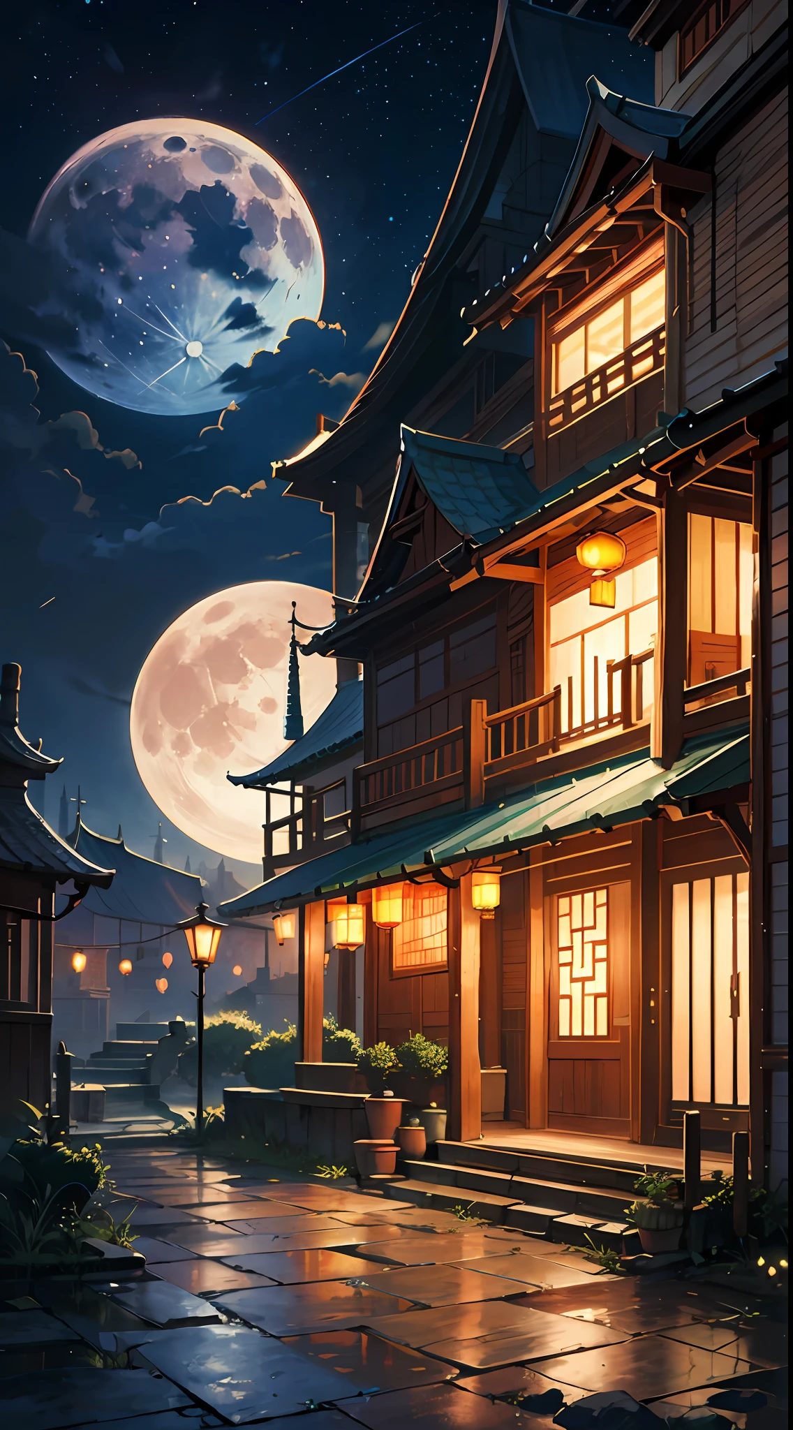 concept art inspired by Tosa Mitsuoki, pixiv contest winner, best quality, fantasy art, beautiful anime scene, a bright moon, moonlit starry environment, dream painting, Anime Background Art, Fantasy Landscape Art, Fantasy Night, Anime Background, Background Artwork, Fantastic Art, Atmospheric Anime, Starry Sky, Detail Enhanced.retina(Chinese style buildings:1.5),lanterns,(warm color palette:1.3)blur backgroun
