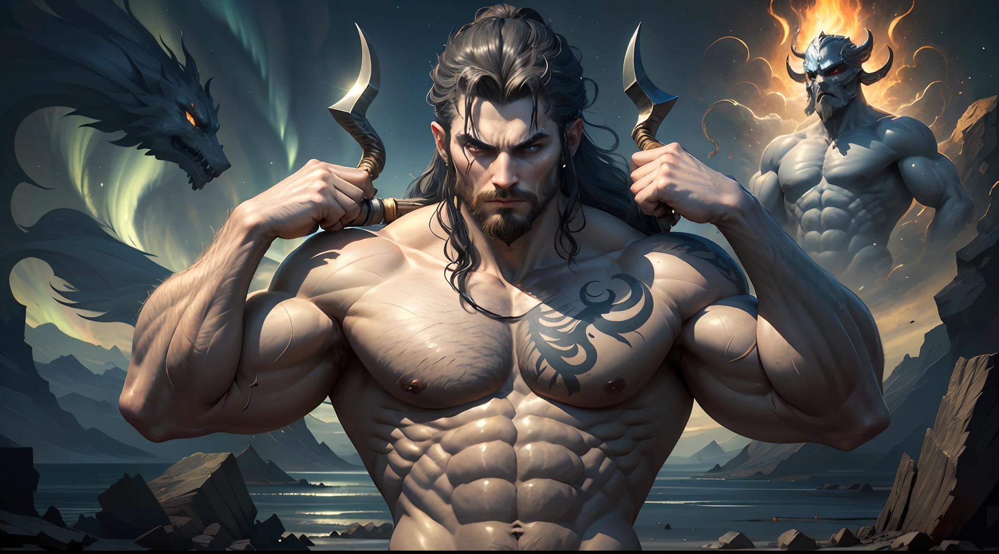 ((Best Quality)), ((Masterpiece)), (Detailed), image of Hades the Greek, (mythology: 1.2), (Majestic appearance: 1.1), loose beard and hair, muscular physique, Wearing a trident (The Realm of the Underworld: 1.1), (A powerful creature: 1.2), (Divine aura: 1.1), (domineering look: 1.1), 8K разрешение Viking, rocker, Rockstar, Cool, glare, radiance, spectrum, titanium, titanium, warrior, samurai, Strong WILL, Mighty strength, Energy, zipper, Salute, northern lights, Body in tattoos, calavera, shelmet