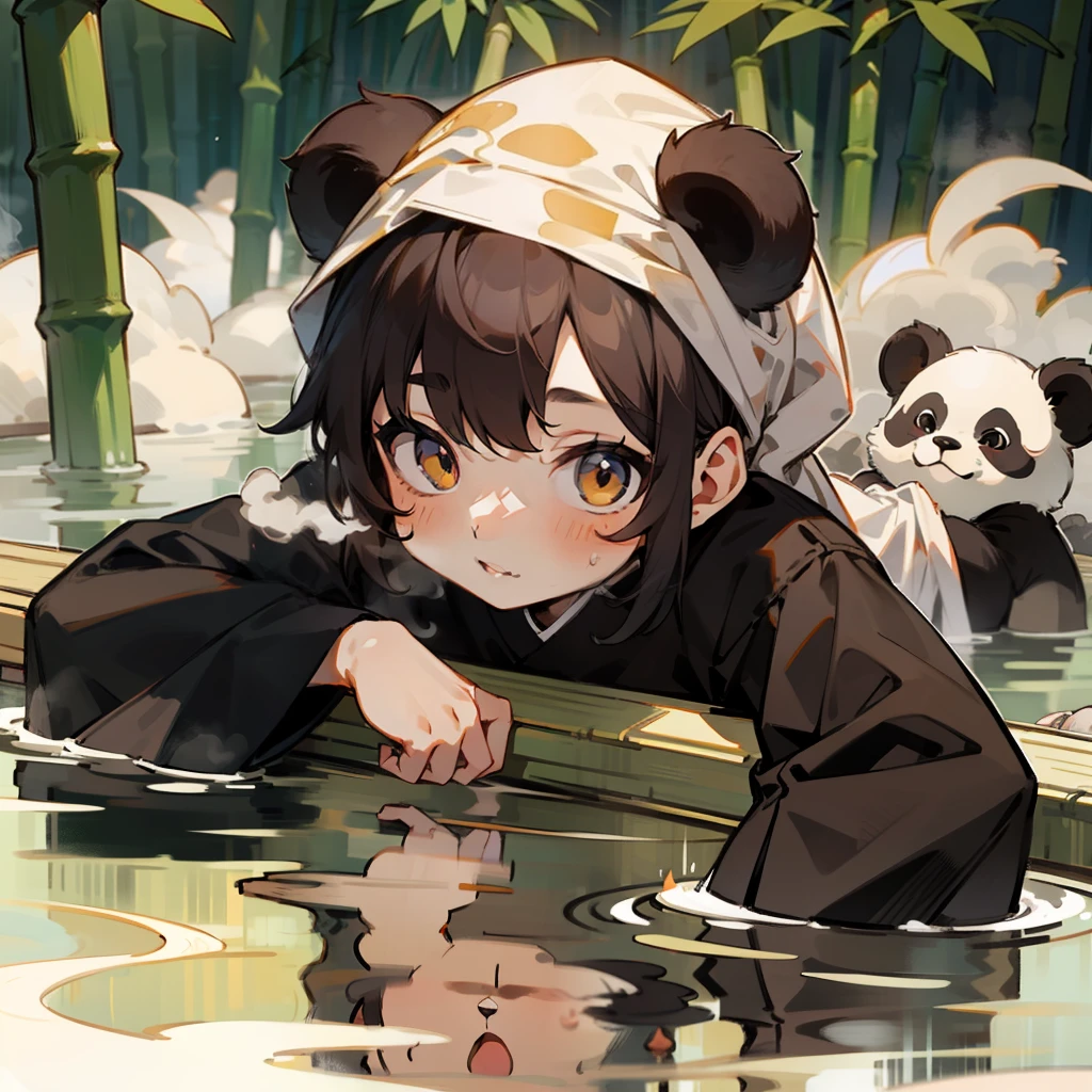 A cute panda,Lie on your stomach in the hot springs,A rag on his head,Still steaming,Behind the hot springs is a bamboo forest,