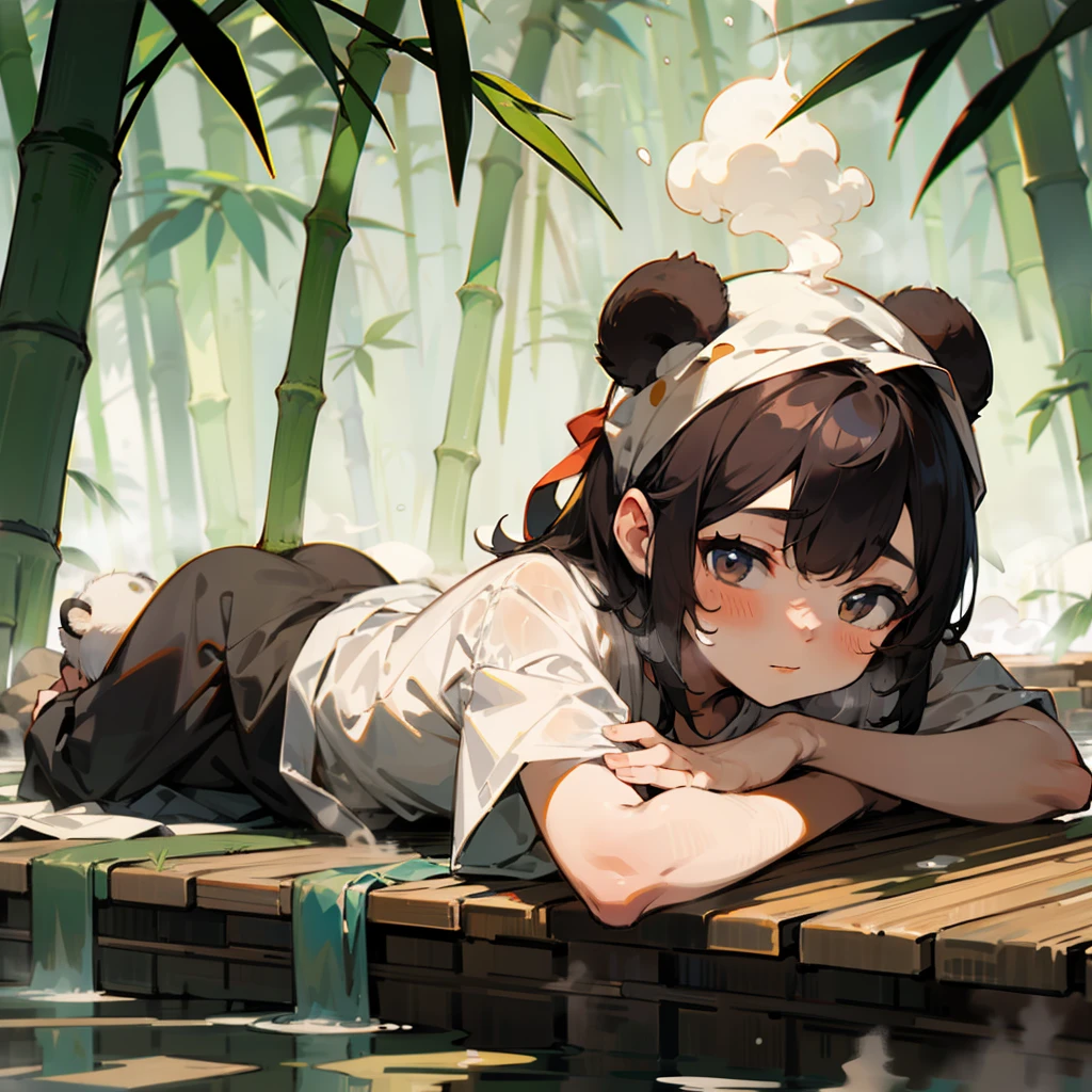A cute baby panda,Lie on your stomach in the hot springs,A rag on his head,Still steaming,Behind the hot springs is a bamboo forest,