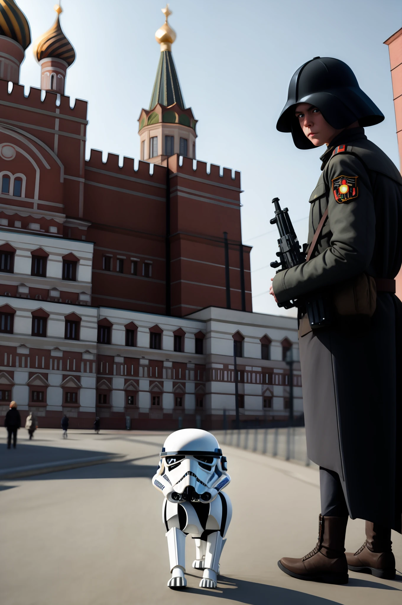 Stormtrooper, "Star Wars", One man with a small dog in front of the Kremlin in Moscow