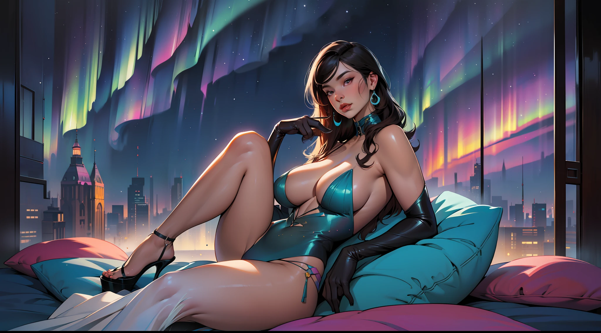 Sitting on the bed, View from the window, Cozy interior,abstract beauty,approaching perfection,dynamic,Highly detailed,digitalpainting,Artstation,Concept art,Smooth,sharp-focus,illustartion,Artists: by Carne Griffiths, Wadim Kashin,leonid afremov,kandinsky,Psychedelic,watercolour,mother-of-pearl foil,stylish,Fantastic,colorful neon, s face, waist-high, portraite of a, up close, near, A glorious sunrise, aura, Glow, multi-colored bright aurora borealis, spectrum, In a chic, mixed-language_SMS, (beautiful and clear background:1.2),, fantastic paintings , high detailed eyes, The Space of the Northern Lights, galaxy, Gorgeous hair, Loving. Love. ultra detail hair, Best Quality, hiquality, hight resolution, detail enhancement, ((most beautiful image in the world)), Masterpiece, Best Quality, High Quality Detail Enhancement, ((most beautiful image ), Shiny hair, Ultra chic, Topless, body, curvy chic body, Stampa Flores, art by stjepan sejic, art by j scott campbell, Artist Guillem March, art by citemer liu, 4k, hight resolution, comic book character, comic, high quality detailed, style of ::2.0 comix illustration style,tatoon style, hiquality, hight resolution, detail enhancement, 8K, HD, Best Quality, hiquality, hight resolution, detail enhancement, 8K, HDR, sharp-focus, Ultra Detailed, perfect lighting, Curvy Body, Lush big bvy big hips,Thin Transparent Gloves, Fantastic, witchy, highheels, in heels