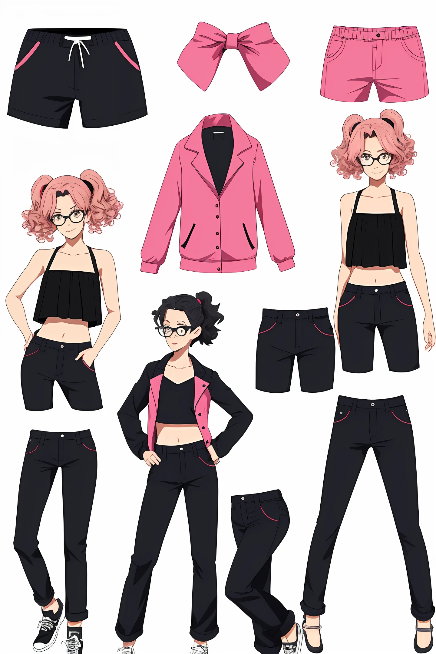 OC anime characters,Erection,Pink double ponytail,curlies,Red glasses,Playful and cute,Black belly domineering,Miss,shorter pants,Bandeau,Manteau