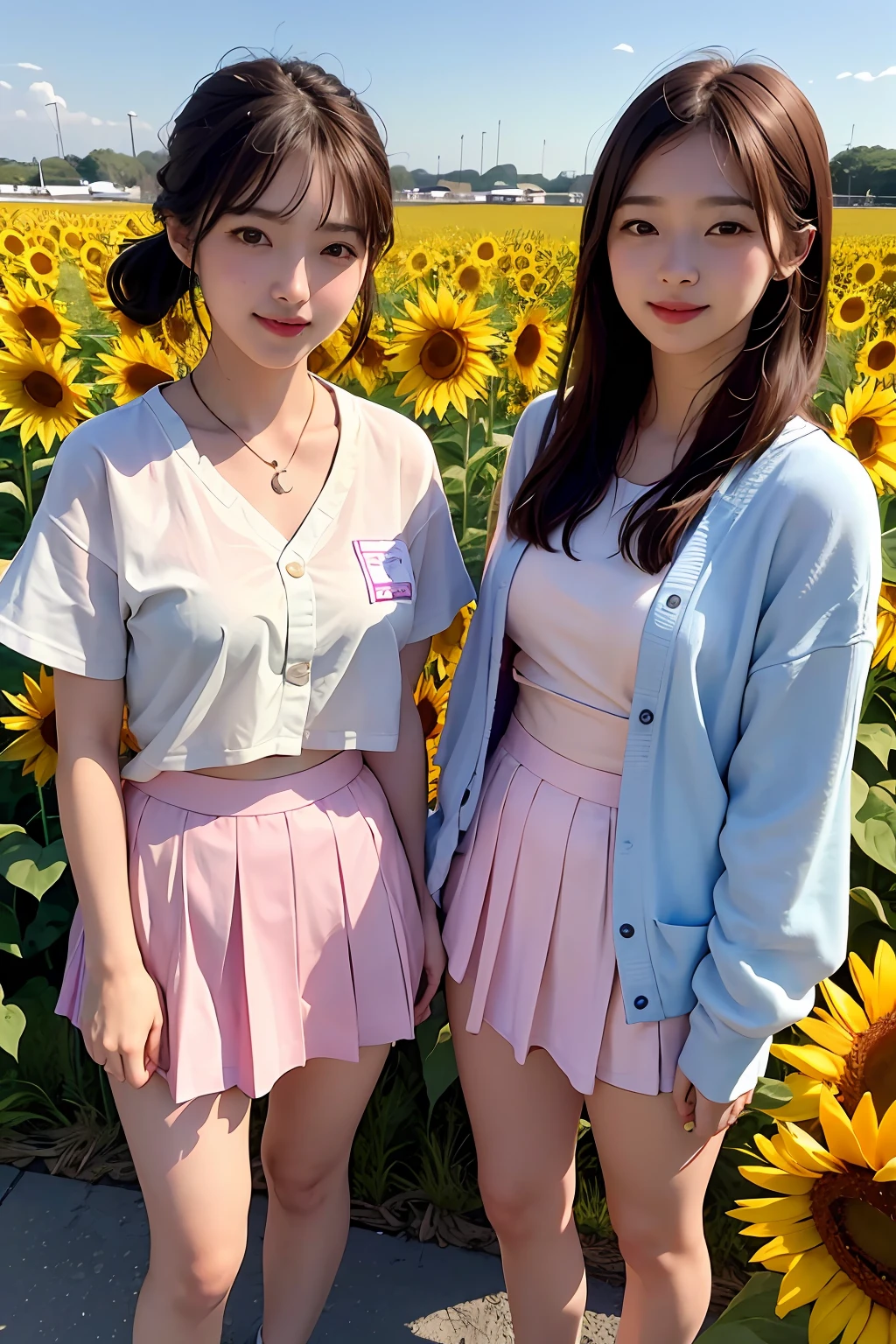 2girls、full bodyesbian、8K、Raw photography、top-quality、​masterpiece、realisitic、Photorealsitic、high-level image quality。Beautiful morning sun overlooking the sunflower field、Smiling 18 year old standing there、The image of two Japan high school girls shines。She wears a pale pink sailor suit.、Short skirt swaying in the wind。