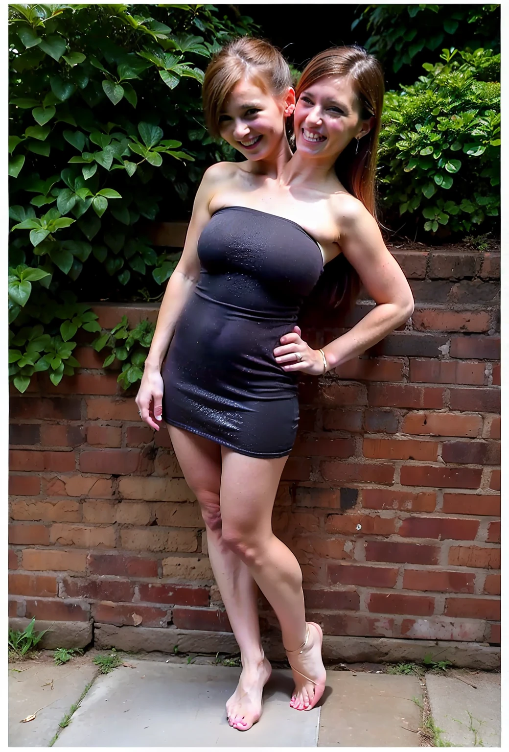 2heads, two headed girl, mom and daughter, (different ages:1.5), (one torso:1.5), (female:1.5), (caucasian:1.5), (two heads attached to one body:1.4), conjoined twins, heads side by side, one torso, young, uncomfortable, barefoot