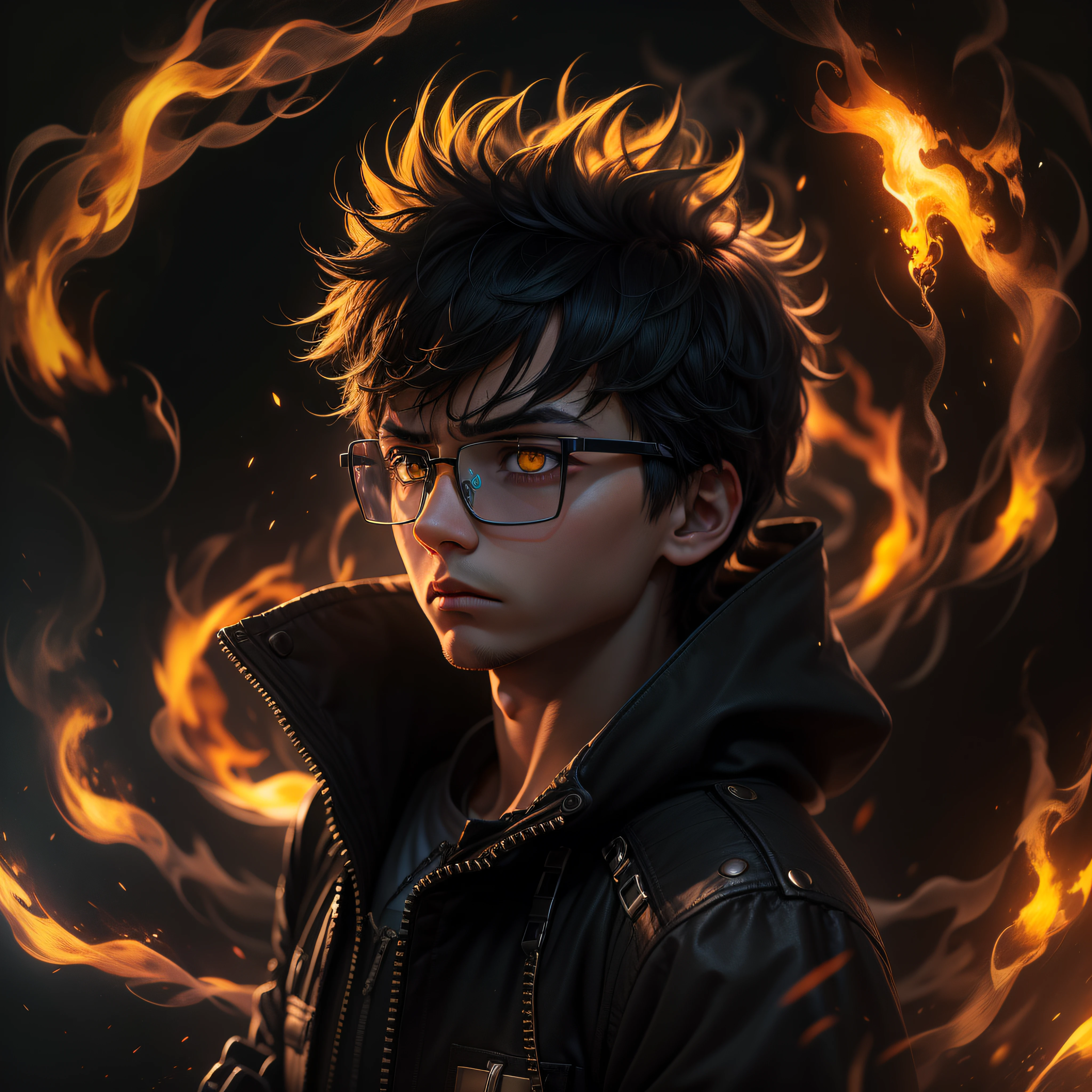 1boys,wears glasses,Black pupils,angry looking,Yellow-black hair,Black jacket,Background fire effect,2.5D,Cinematic lighting effects