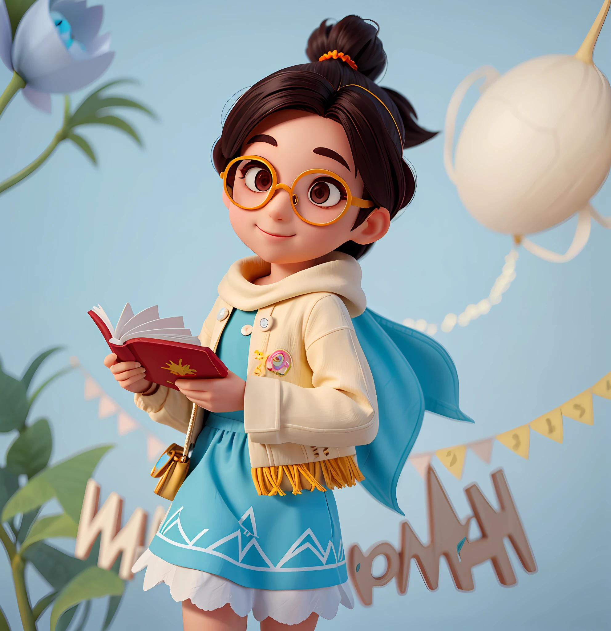 (A cute girl 1.2),Long hair,White skin of the,Holding a book in his arms, The glasses look at the lenses,(The glasses look at the audience),(ssmile),Bright colors, rich details, Faraway view, animation lighting, cartoonish style, claymaterial, arte 3D, Ray traching, C4D, OC renderer, by Pixar, depth of fields, Background bokeh,high detal, 16k
