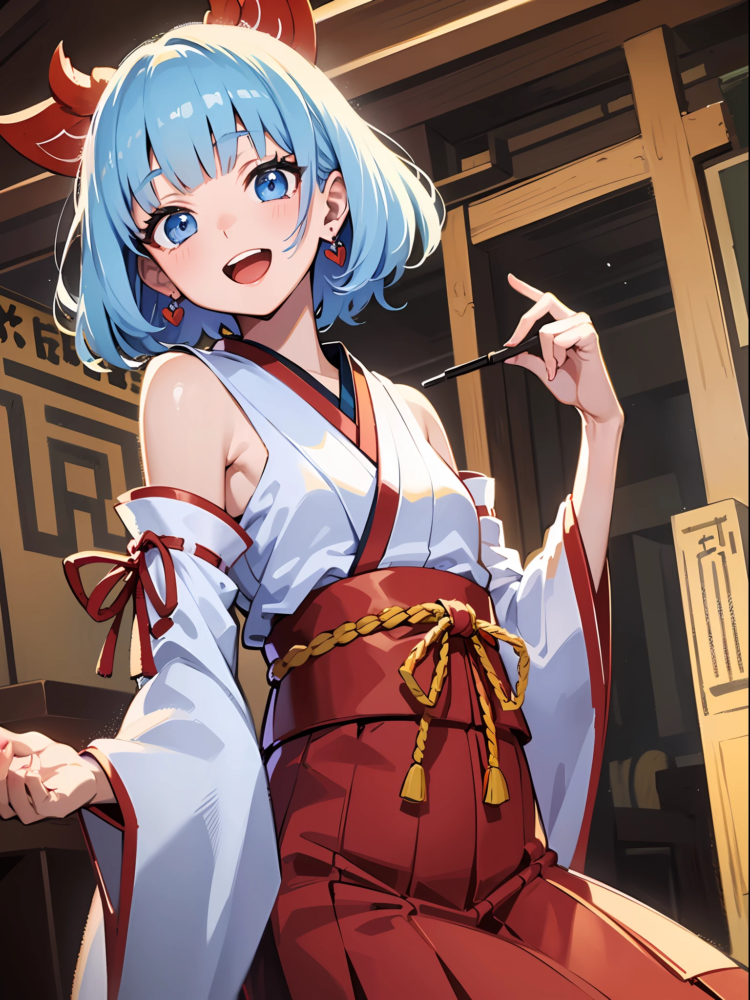 (masterpiece:1.3), (best quality:1.3), high resolution,
dutch angle, couboy shot,
leaning forward, body facing forward,
(one cute girl:1.3), solo,
white skin, small Breast, eight-headed person,
light blue hair, (bobbed hair:1.2), (short hair:1.2), (blunt bangs:1.2), beautiful hair, blue eyes, beautiful detailed eyes,
open mouth, heart, cheerful smile,
shrine maiden, white and red clothes, detached sleeves, earrings,
indoors, shinto shrine, japanese style town,
shadowlighting,