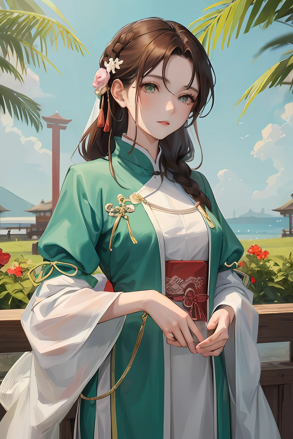 Masterpiece, Best quality, Daytime, Outdoor, Water's Edge, festivity, celebrating, A woman who is, Mature woman, Chinese style, Ancient China, sister, Imperial sister, Cold expression, Expressionless face, Dark brown hair, Green eyes, Single strip of fried dough twisted braid, Coiled hair, Double ball head, Green clothes, Light pink lips, calm, Intellectual, Media distribution, Hairpin, doctor, herbal medicine