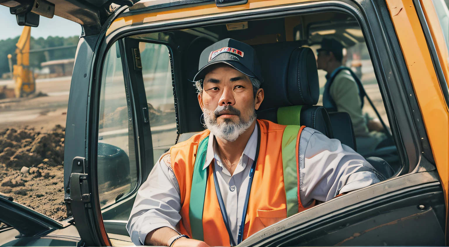 A middle-aged Asian man，Have a beard，wearing work clothes，Sitting in the excavator cab talking