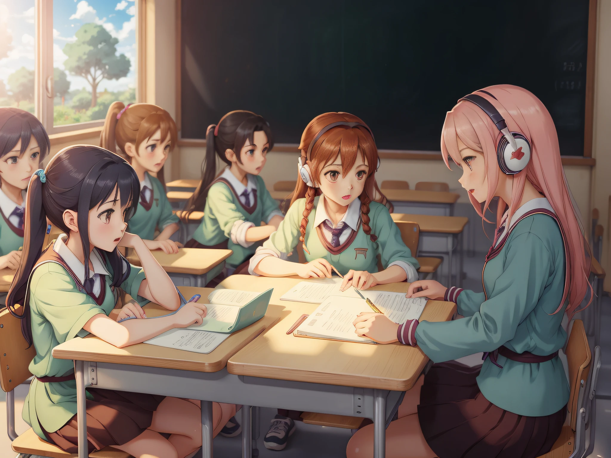 Five girls and five boys attend classes in the classroom,astonishment,There are girls writing,Girls read,Boys listen to music,Man playing with mobile phone,Men frolic,校服,Classroom,Boy student,schoolgirls,classroom desk,blackboards,doors,group of people,Booing,Frolicking,big laughter,to talk,Two-dimensional anime style,hand painted style,Animated hand-drawn style,CG anime characters,8k ultra high definition,handpainted ,Face restoration