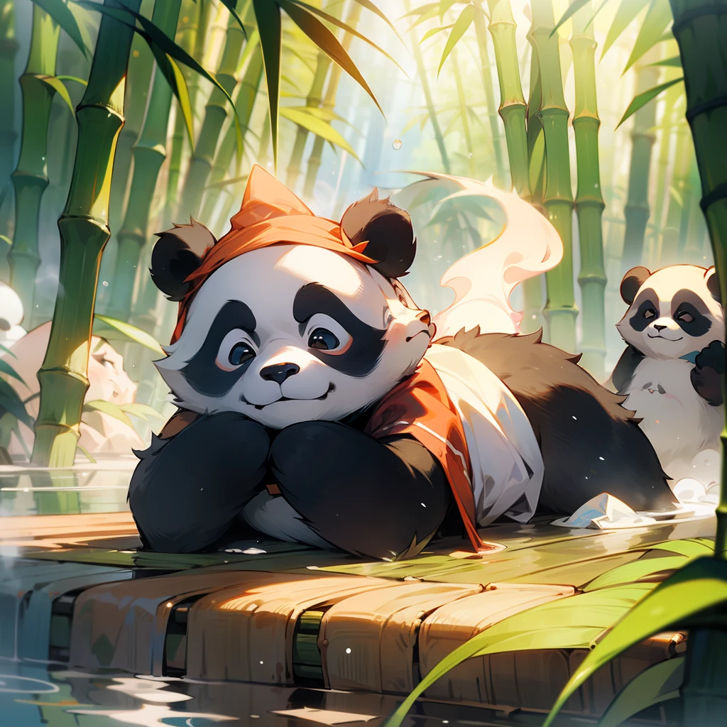 A cute baby panda，Lie on your stomach in the hot springs，A rag on his head，Still steaming，Behind the hot springs is a bamboo forest，pixar-style，Keep it simple，No Man