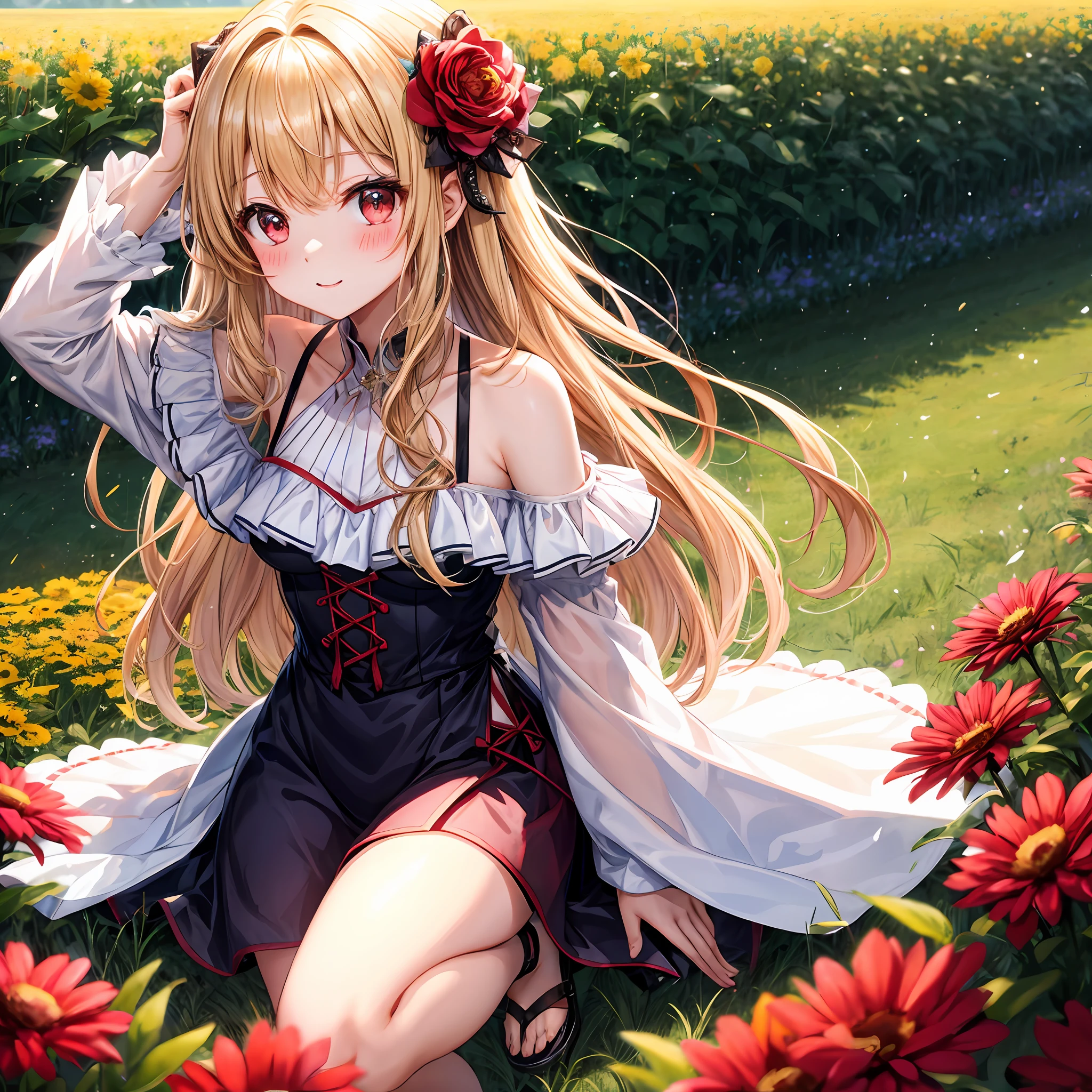 red blush、Wavy blonde hair、red eyes、Beautiful girl alone、animesque、独奏、doress、off shoulders、flower  field、lonely、
