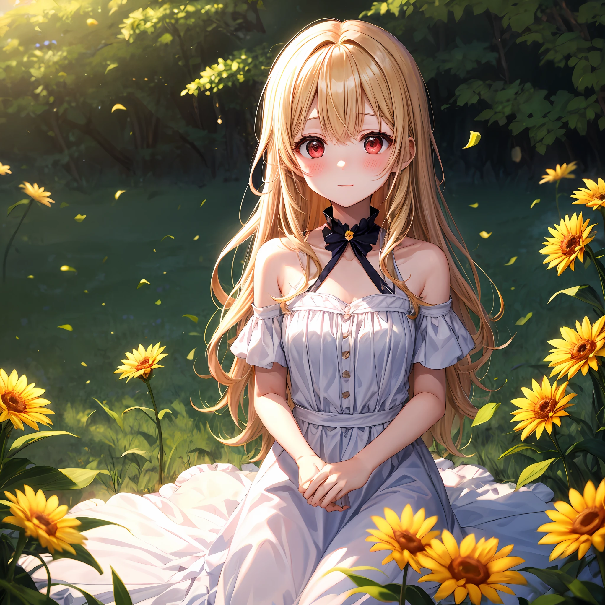 red blush、Wavy blonde hair、red eyes、Beautiful girl alone、animesque、独奏、doress、off shoulders、flower field、lonely、