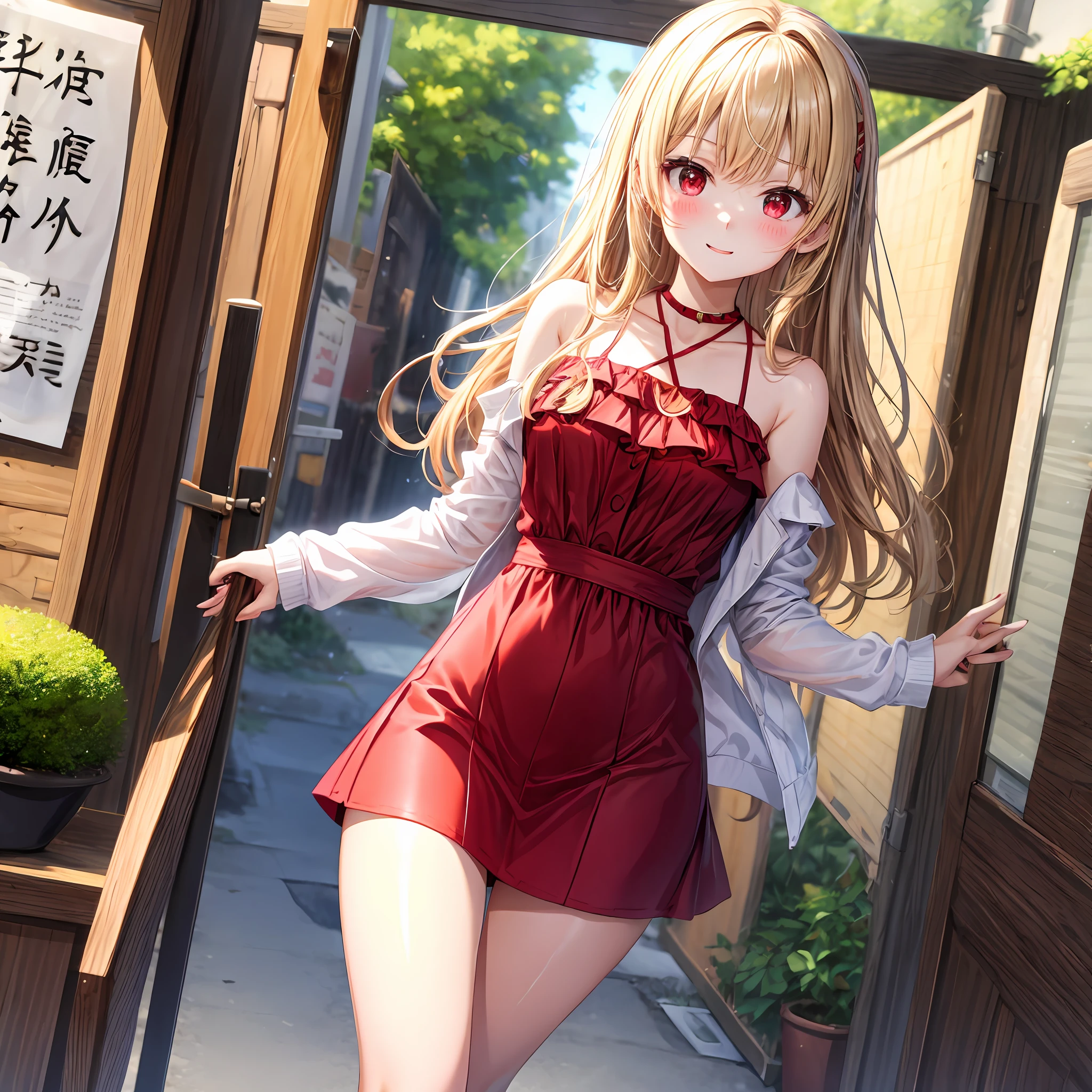 red blush、Wavy blonde hair、red eyes、Beautiful girl alone、animesque、独奏、Bright red dress、off shoulders、a miniskirt、lonely、