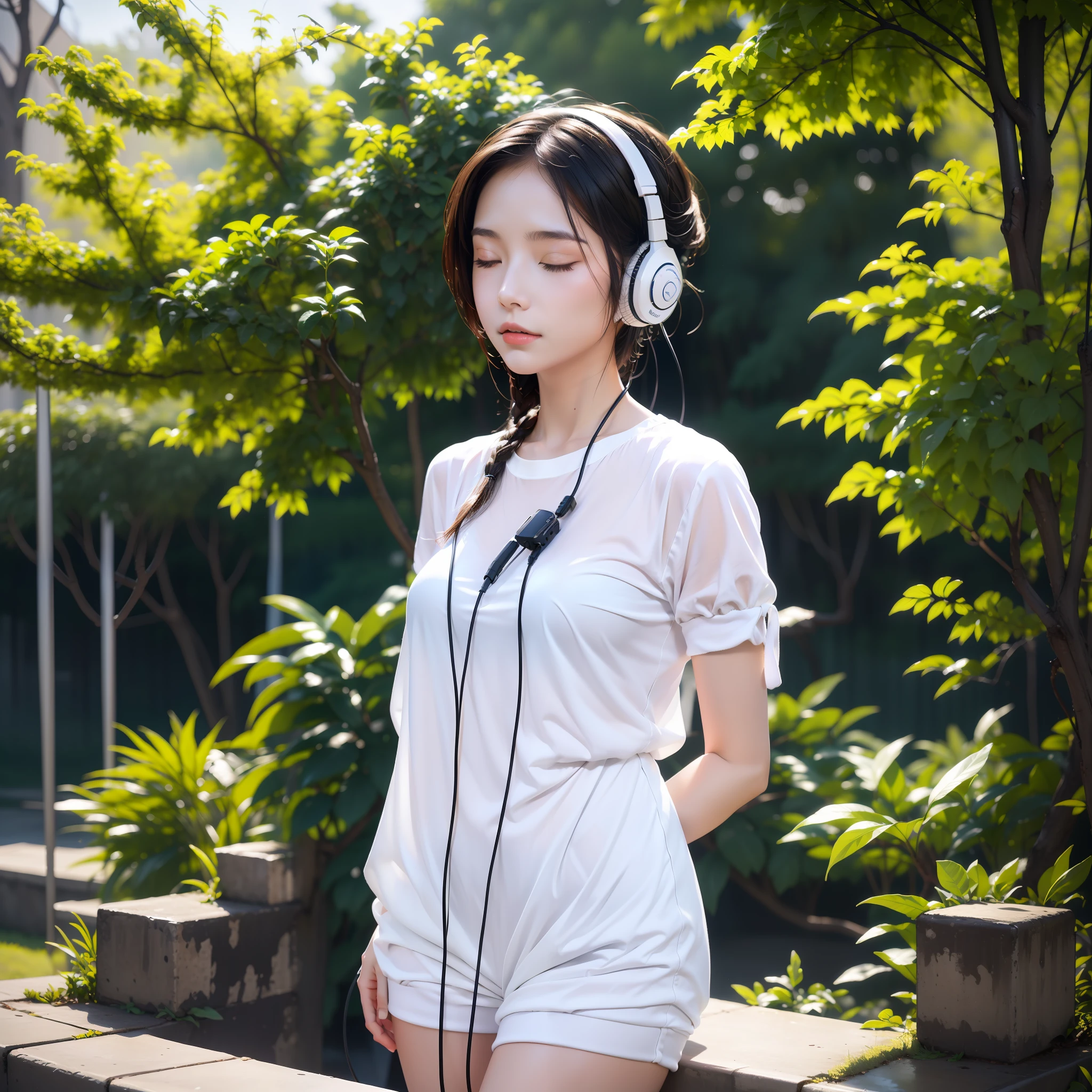 A girl in white，Back against a tree，wearing headphone，Close your eyes and enjoy the music。