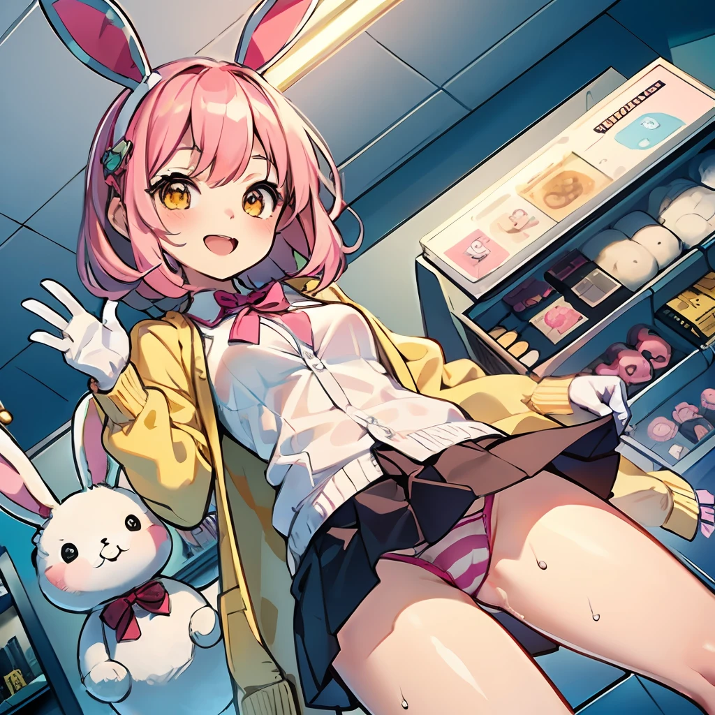 (:D:1.2),One girl. (masutepiece, of the highest quality, Kyoto Animation Style Illustration, of the highest quality, Official art, aesthetics, Beautiful details, :1. 2), BREAK, ( girl), Very detailed, colourfull, highest details, BREAK, (medium breasts),(Orange Eyes:1.2),(girl, Cute, Graceful, Loli face,Piair,a short bob,tareme, gleaming skin, Hugging a stuffed rabbit, Playboy Bunny,(Suit Style, Short suit skirt,Long lace white gloves wet with sweat, Black cardigan:1.1), High socks with pink and yellow stripes,Pink Bunny Years Hair Band,BREAK,Waving hands,Standing with a smile,(closes mouth),Open legs,Angle from below,The skirt turns over in the wind,Strap panties visible,BREAK,In front of the convenience store cash register,Being in front of the cash register,Have new pants,Multiple guests,The high school boy behind me is embarrassed,Female clerk with puzzled face,