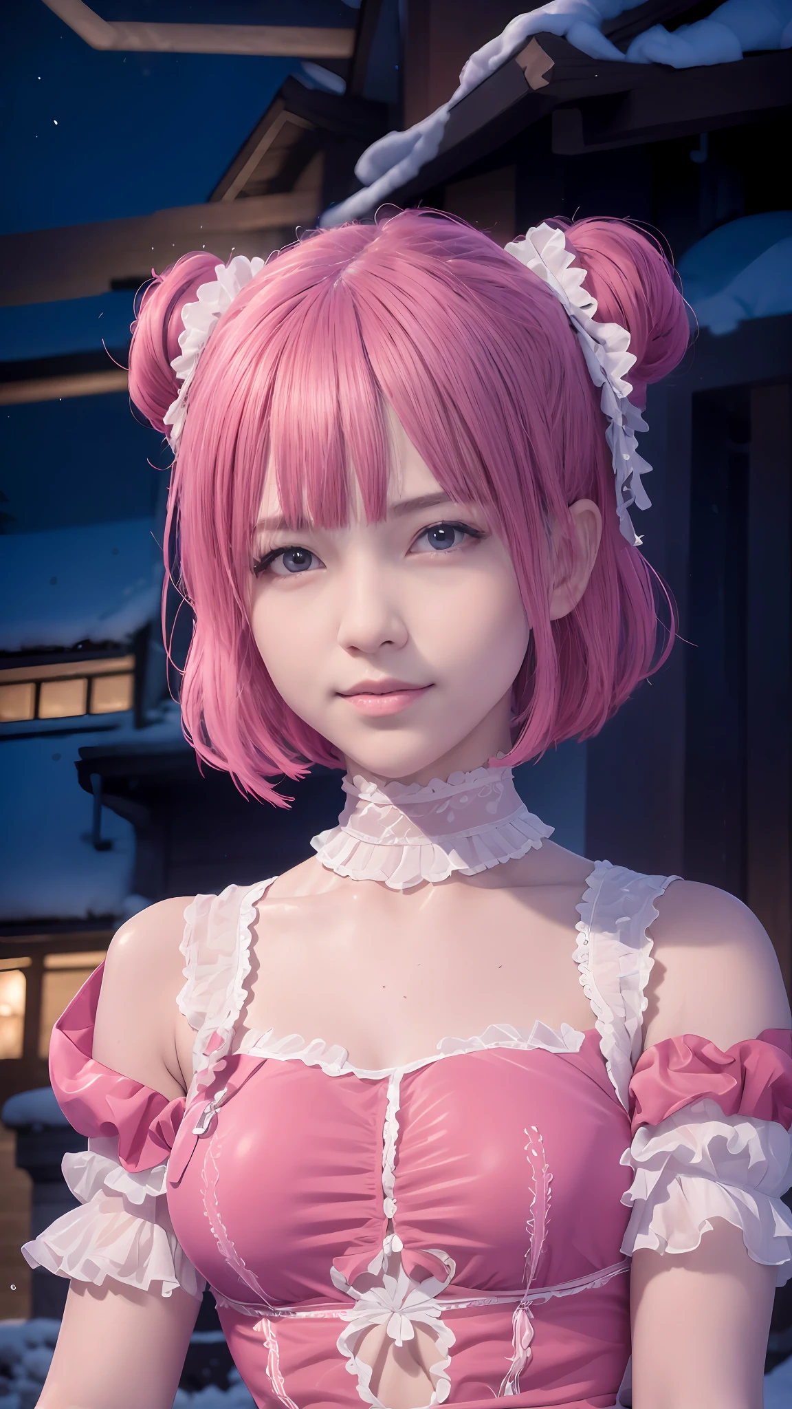 ((Best quality)), ((masterpiece)), official art, ultra detail, highres, ((beautiful detailed girl)), ((extremely detailed eyes and face)), (beautiful face: 1.2), 1girl, perfect body, thighhighs, 8K wallpaper, soft lightning, pink hair, short hair, ultra detailed eye, detailed face, big boobs, big breasts, ((very big breasts)), (big breasts), smiling at the viewer, smile, dept of field,