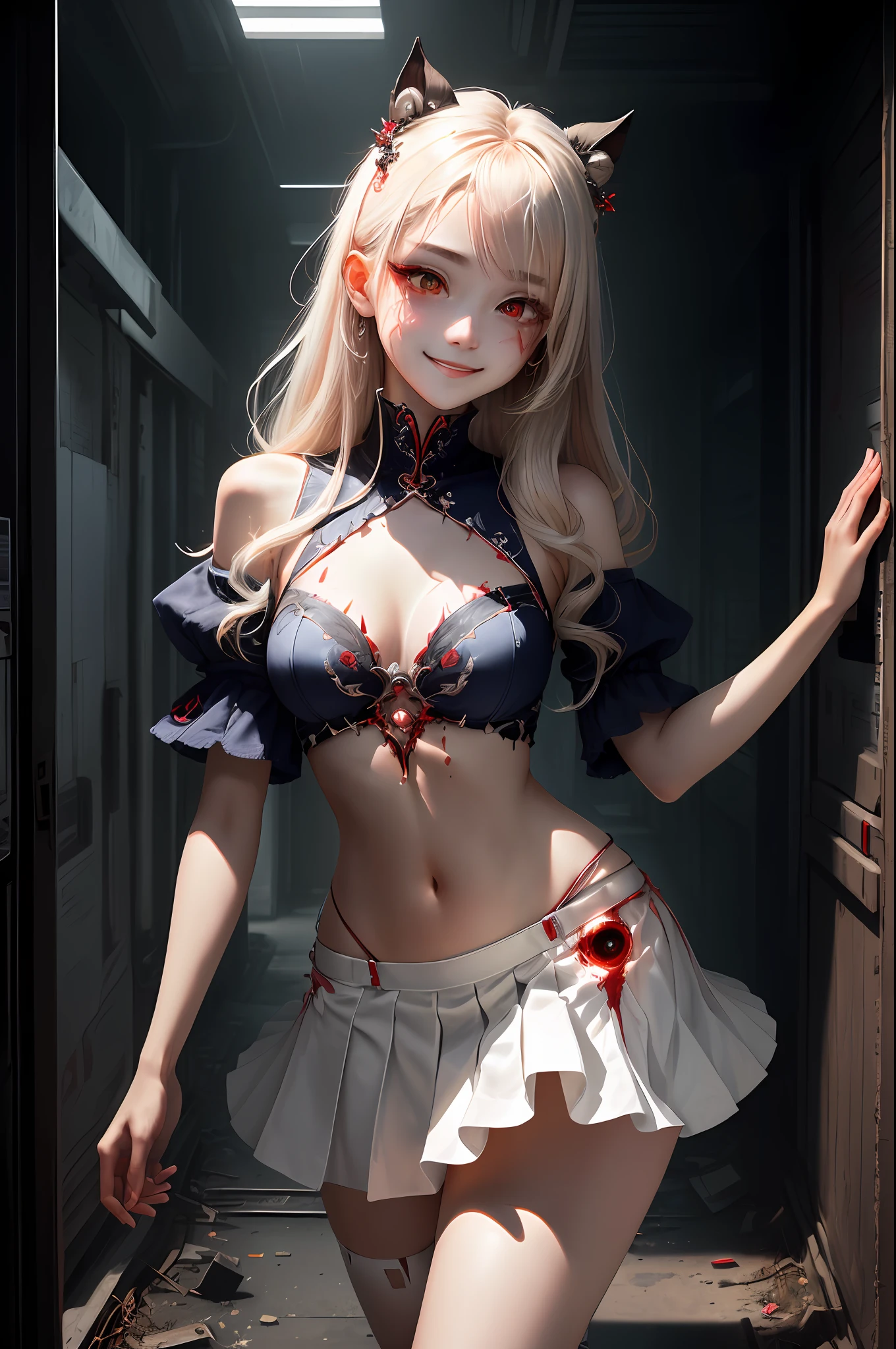 Crazy beauty,Eyes that glow red,There are large and small wounds on the body,He turned around,A weird smile appeared。,Take a look at the monitoring above,Broken white skirt,Look up from the diagonal