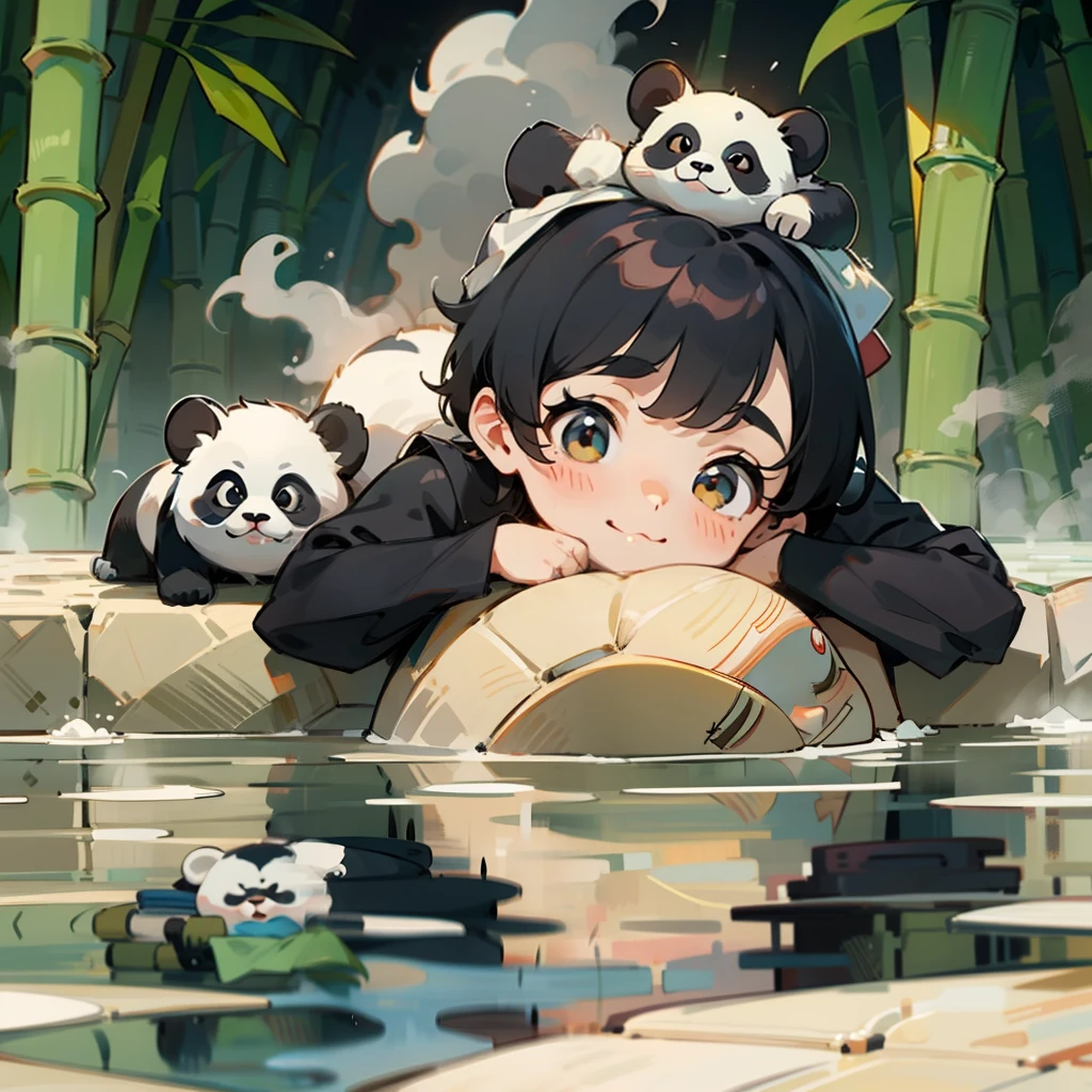 A cute baby panda，Lie on your stomach in the hot springs，A rag on his head，Still steaming，Behind the hot springs is a bamboo forest，pixar-style，Keep it simple，No Man