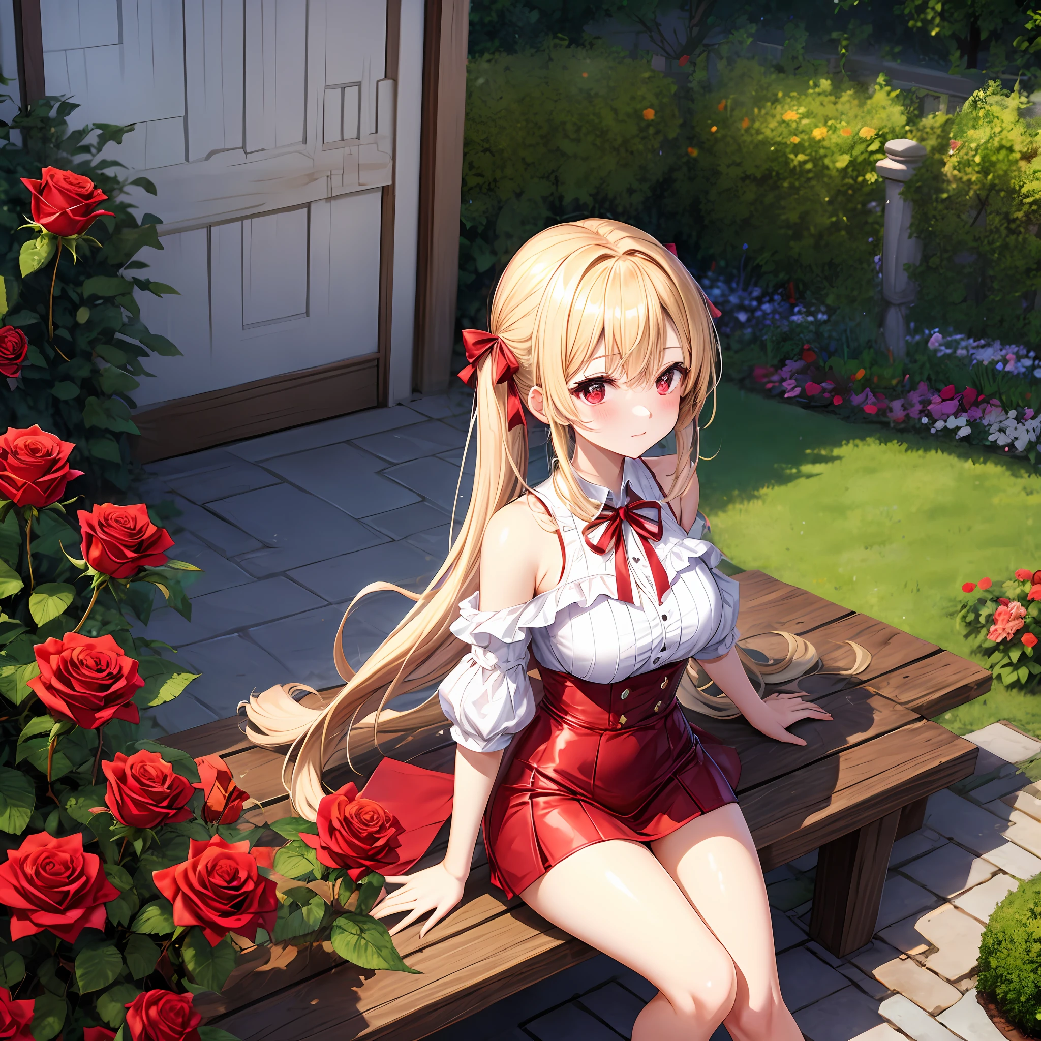 red blush、blonde  hair、poneyTail、Red ribbons、red eyes、Beautiful girl alone、animesque、独奏、doress、off shoulders、a miniskirt、A sexy、Rose Garden、lonely、