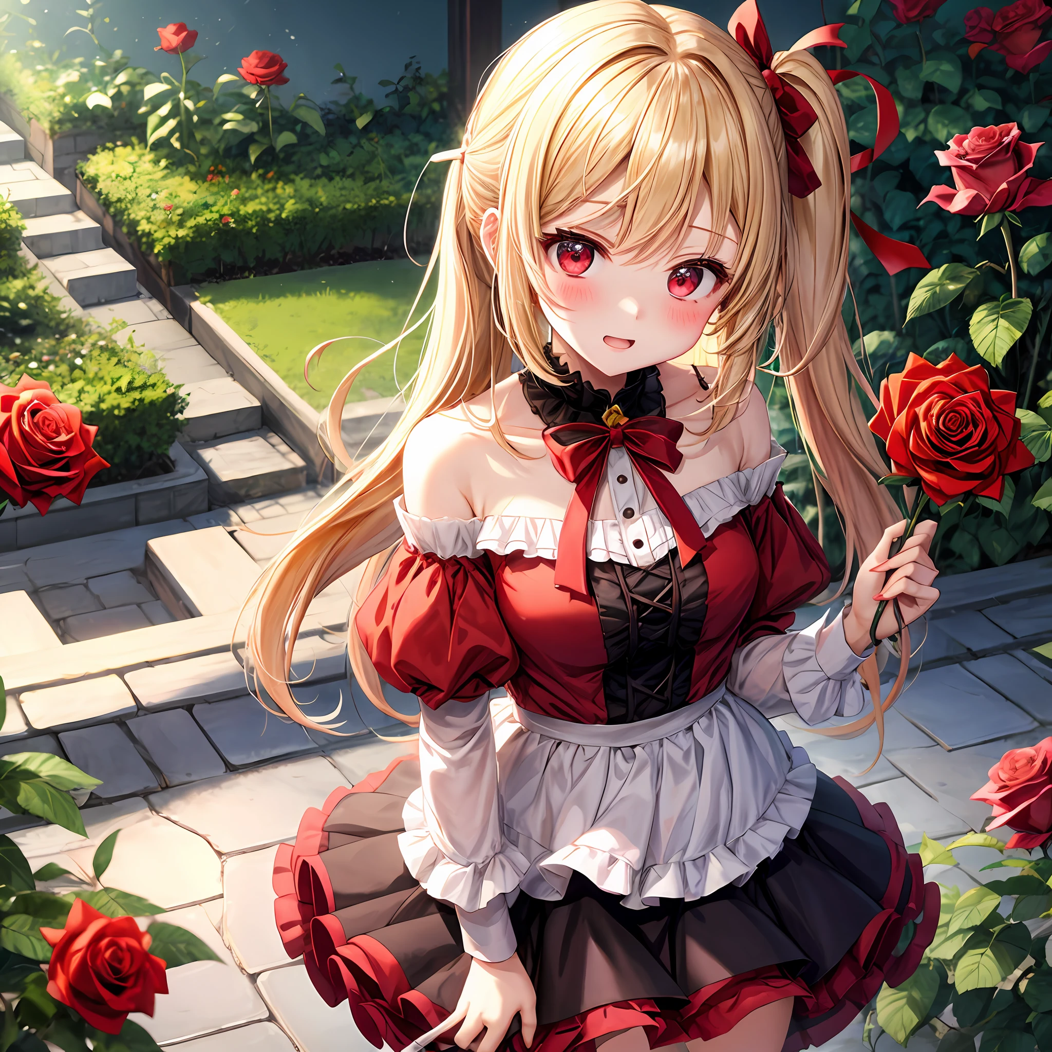 red blush、blonde hair、poneyTail、Red ribbons、red eyes、Beautiful girl alone、animesque、独奏、doress、off shoulders、a miniskirt、A sexy、Rose Garden、lonely、