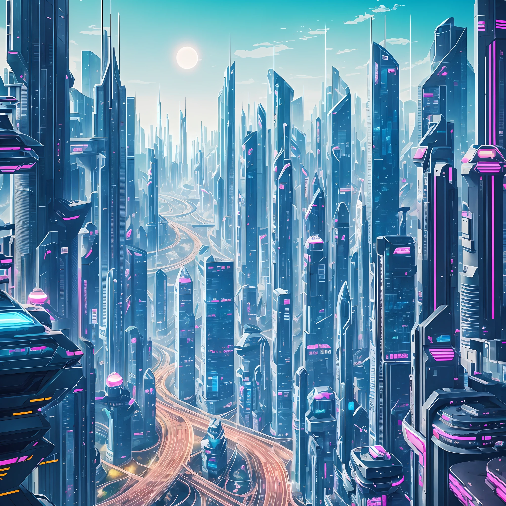 Cyberpunk-city,Futuristic cityscape with sci-fi elements and Wes Anderson's signature style。Adopt symmetry、High saturation design style shooting。The city is known for its brightness、Bold color palette rendering,Popular neon pink and vivid blue with deep、Rich black background contrast。The building is tall and stylish,with clean lines,Angular,Echoing the futuristic aesthetic of science fiction movies。The city is bustling,Space fighters soar in the sky,Citizens walk through the busy sidewalk below。The scene is full of life and energy,The futuristic building creates an almost surreal look、Fantastical Atmosphere。wes anderson (wes anderson) The iconic style is evident in the symmetrical composition of the images and the carefully balanced design。Every element is perfectly placed together,to create a sense of harmony and unity,ao mesmo tempo,Futuristic elements in the scene create an atmosphere of excitement and possibility。The image is an amazing representation of the world of the future,It combines elements of the sci-fi imagination with Wes Anderson、An alternative style for the combination,Produces symmetrical、Colorful、Wonderful scenes,Both awesome and inspiring。
