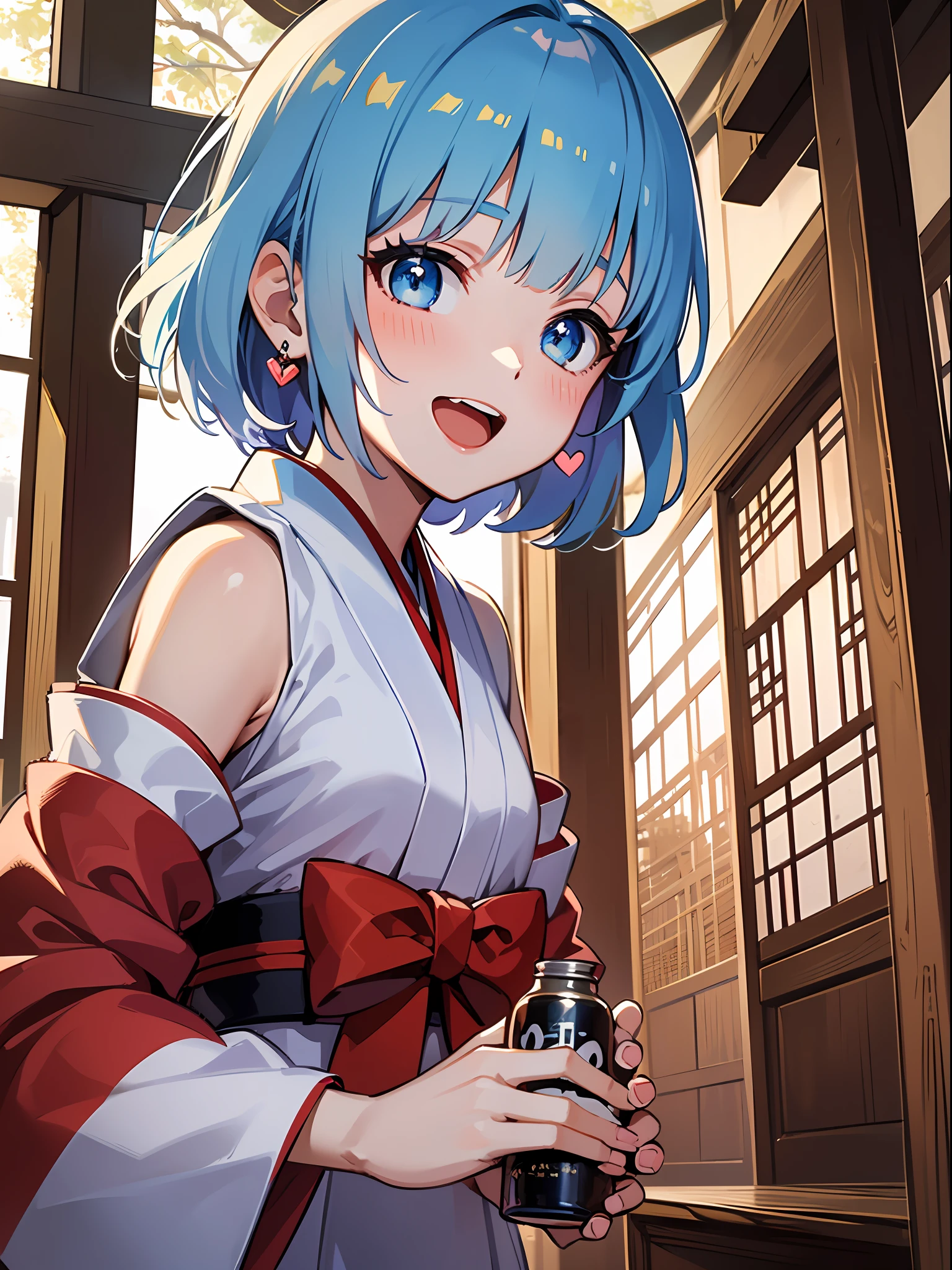 (masterpiece:1.3), (best quality:1.3), high resolution,
dutch angle, couboy shot,
leaning forward, body facing forward,
(one cute girl:1.3), solo,
white skin, small Breast, eight-headed person,
light blue hair, (bobbed hair:1.2), (short hair:1.2), (blunt bangs:1.2), beautiful hair, blue eyes, beautiful detailed eyes,
open mouth, heart, cheerful smile,
shrine maiden, white and red clothes, detached sleeves, earrings,
indoors, shinto shrine, japanese style town,
shadowlighting,