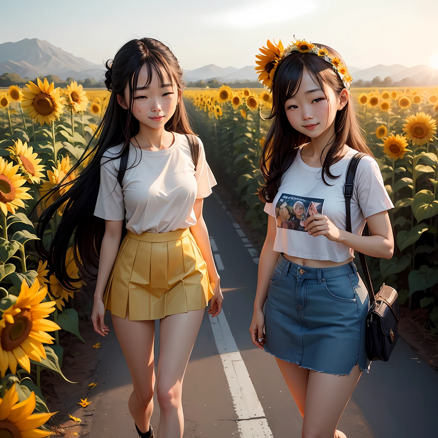 2girls、full body Esbian、8K、Raw photography、top-quality、masterpiece、realisitic、Photorealsitic、Sexy costumes、a miniskirt。Beautiful morning sun overlooking the sunflower field、Smiling 22-year-old standing there、The image of two female college students in Japan shines.、Short skirt swaying in the wind。 --auto