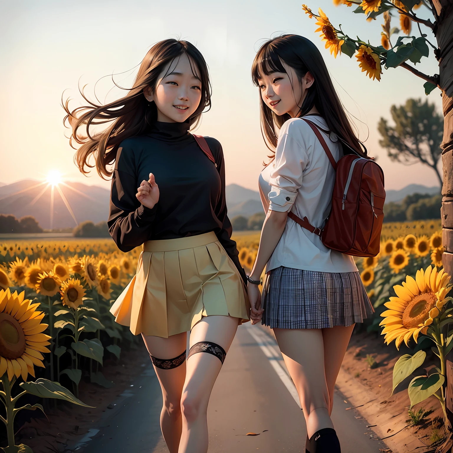 2girls、full body Esbian、8K、Raw photography、top-quality、​masterpiece、realisitic、Photorealsitic、Sexy costumes、a miniskirt。Beautiful morning sun overlooking the sunflower field、Smiling 22-year-old standing there、The image of two female college students in Japan shines.、Short skirt swaying in the wind。 --auto