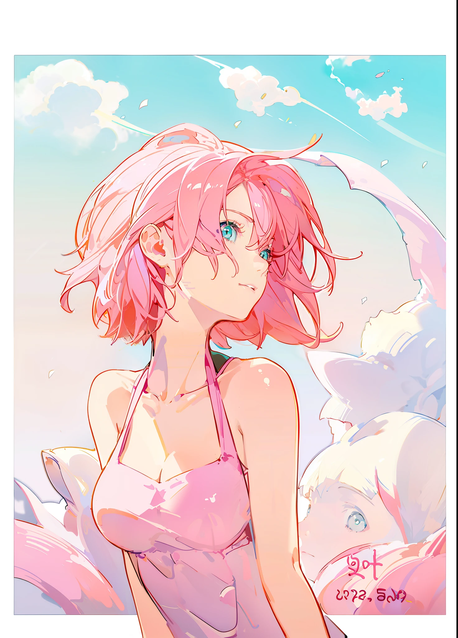 Anime girl with pink hair and green eyes in white bra top, cute girl with short pink hair, Anime style portrait, made with anime painter studio, drawn in anime painter studio, Digital anime illustration, flat anime style shading, Anime style illustration, Pink girl, semirealistic anime style, anime style character, some pink, yayoi kasuma, color study