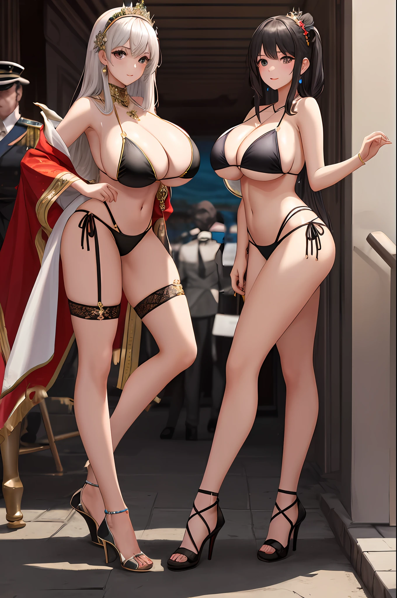 Royal Sister,Three-point ancient bikini,huge tit,Expose the nipple areola,long leges,legs separated,strappy heels,full bodyesbian