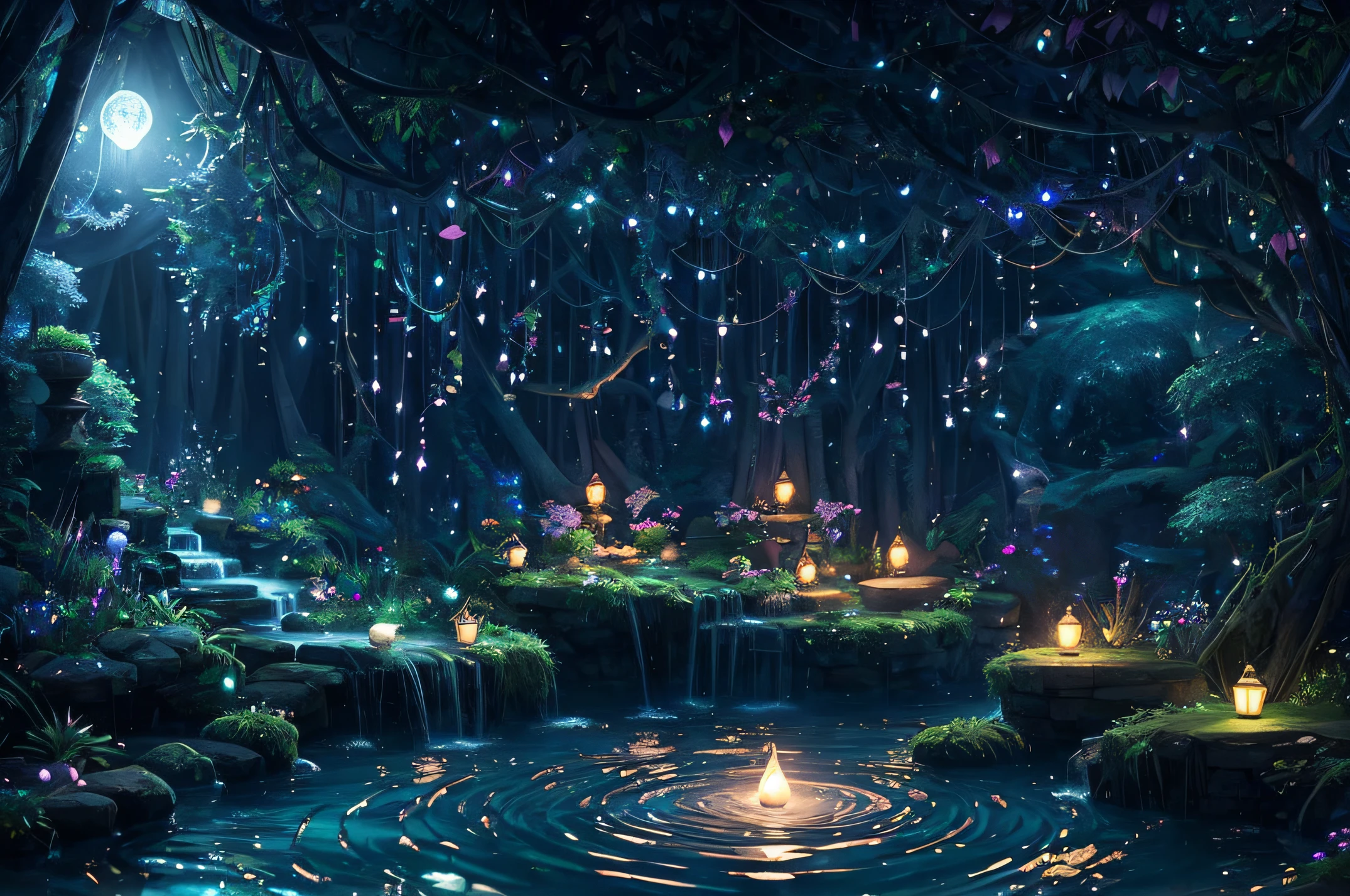 Mare's nest、lamplight、Forever Night、Tidal floats、chai、dream-state、dreamland、ancient times、magia、ribbons、Streamers、Mysterious plants、Pools、Forbidden Land、vortex、ln the forest、vine、extreme hight detail、16k、ultraclear、tmasterpiece、high high quality、A high resolution --auto