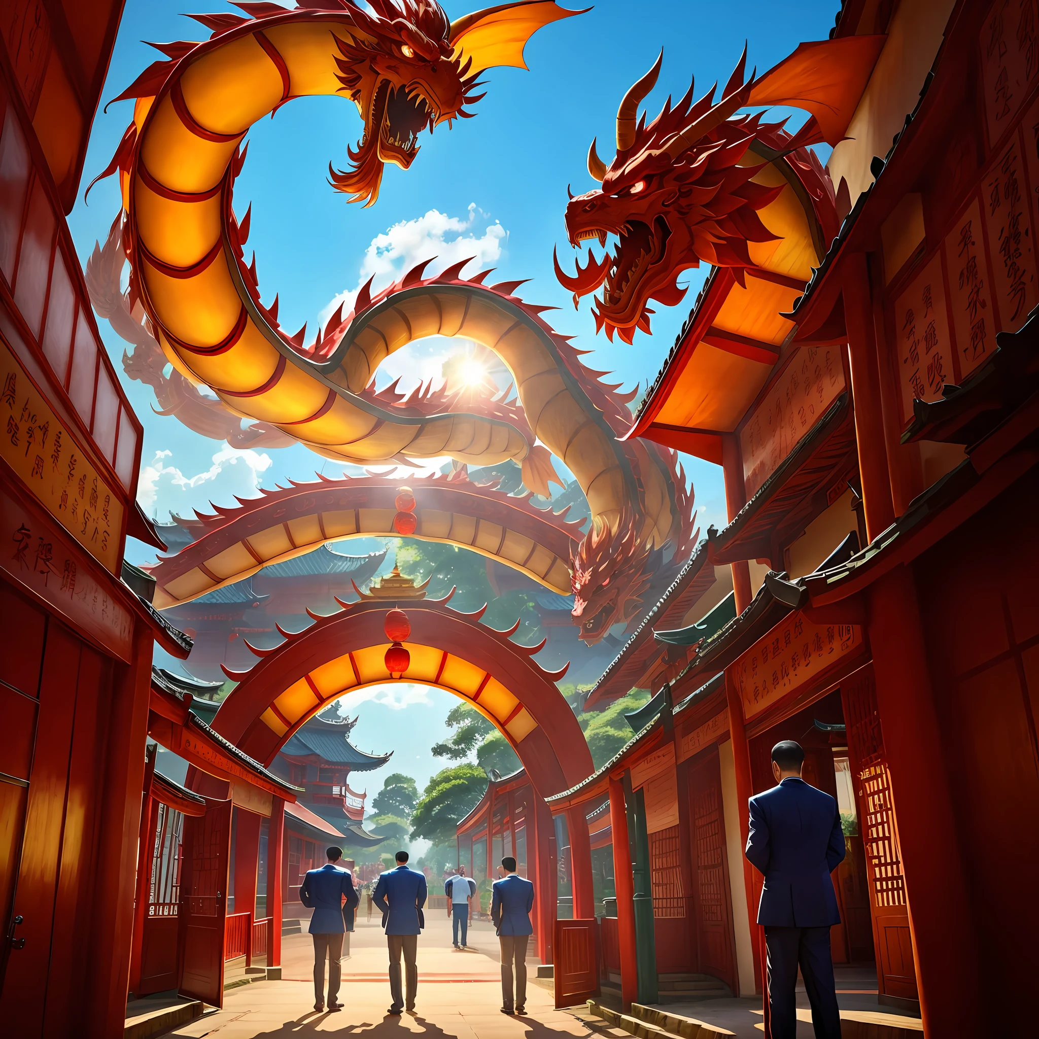 Men stand in front of the school gate，Turn your back to school，The Chinese dragon hovers above the school --auto