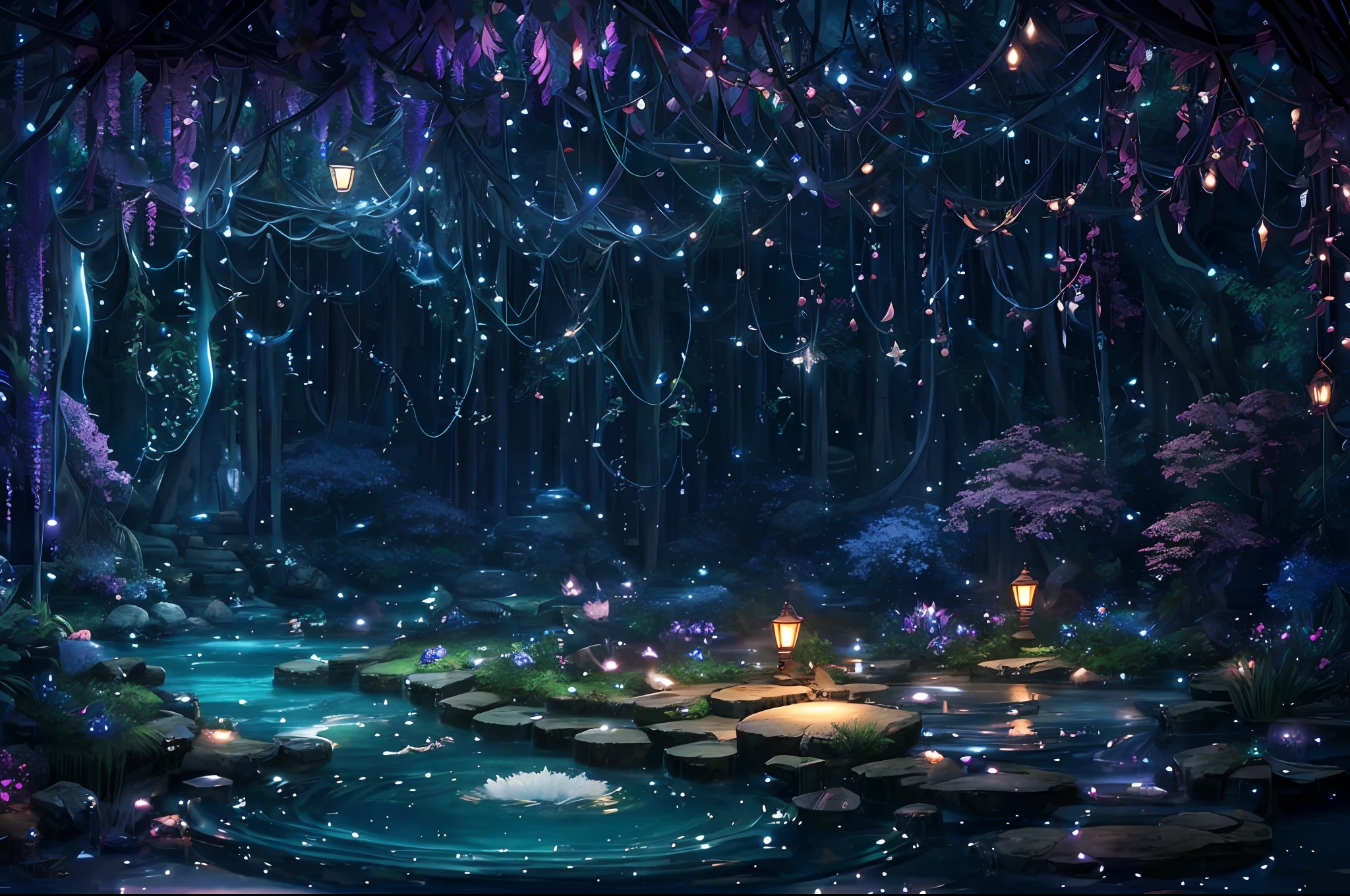 Mare's nest、lamplight、Forever Night、Tidal floats、chai、dream-state、dreamland、ancient times、magia、ribbons、Streamers、Mysterious plants、Pools、Forbidden Land、vortex、ln the forest、vine、extreme hight detail、16k、ultraclear、tmasterpiece、high high quality、A high resolution --auto