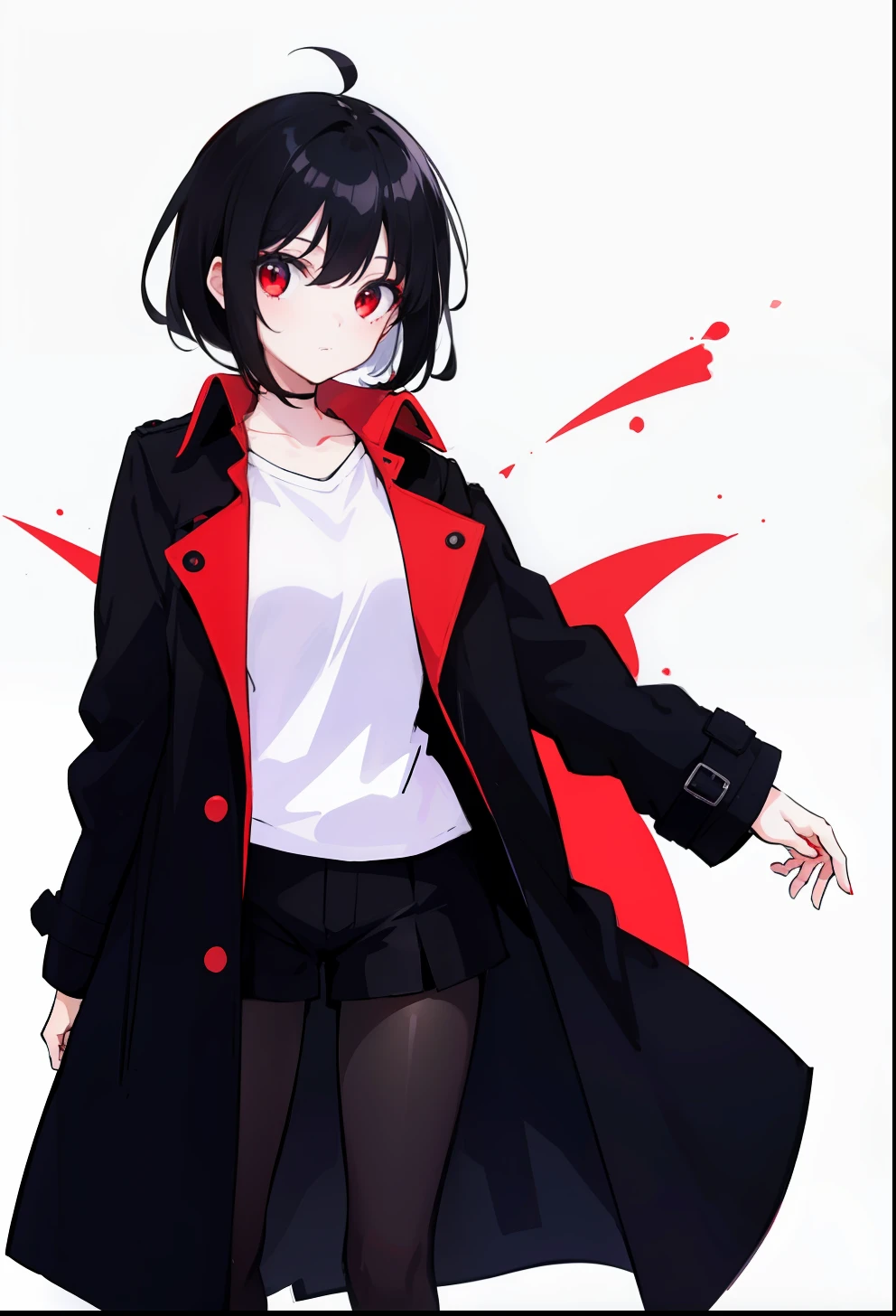 1 female, Black hair, trench coat, Red Eyes, White shirt