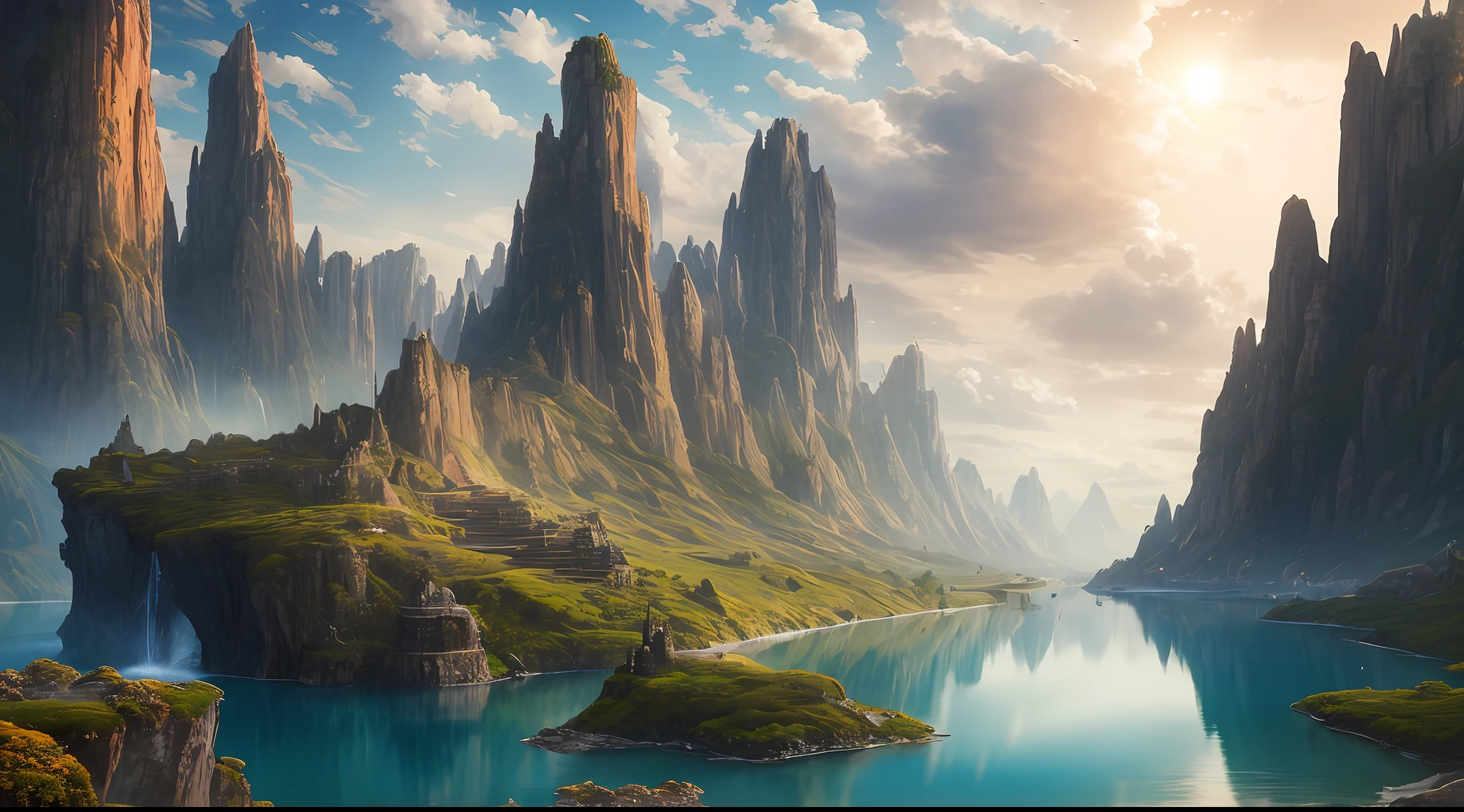 Masterpiece, best quality, high quality, extremely detailed CG unity 8k wallpaper, landscape, outdoor, sky, cloud, sky, no humans, mountain, landscape, water, tree, blue sky, waterfall, cliff, nature, lake, river , cloudy skies, award winning photography, bokeh, depth of field, HDR, bloom, chromatic aberration, photorealism, very detailed, trending on artstation, trending on CGsociety, intricate, high detail, dramatic, midjourney art