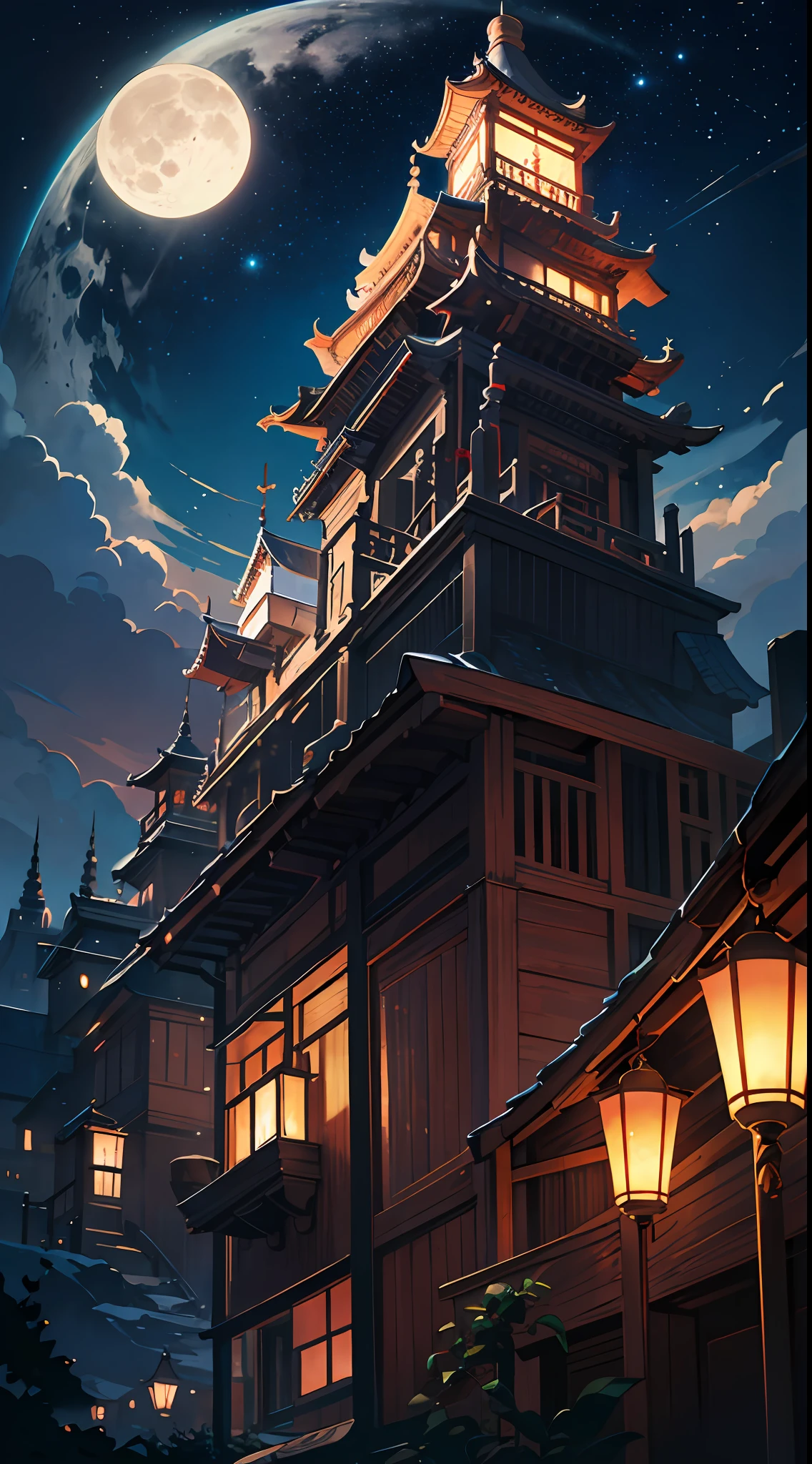 concept art inspired by Tosa Mitsuoki, pixiv contest winner, best quality, fantasy art, beautiful anime scene, a bright moon, moonlit starry environment, dream painting, Anime Background Art, Fantasy Landscape Art, Fantasy Night, Anime Background, Background Artwork, Fantastic Art, Atmospheric Anime, Starry Sky, Detail Enhanced.retina(Chinese style buildings:1.5),lanterns,(warm color palette:1.3)blur backgroun