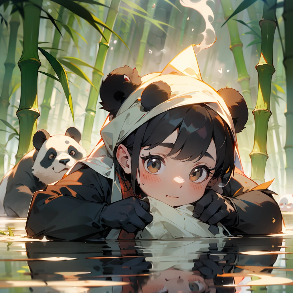 A cute baby panda，Lie on your stomach in the hot springs，A rag on his head，Still steaming，Behind the hot springs is a bamboo forest，pixar-style，Keep it simple，No Man