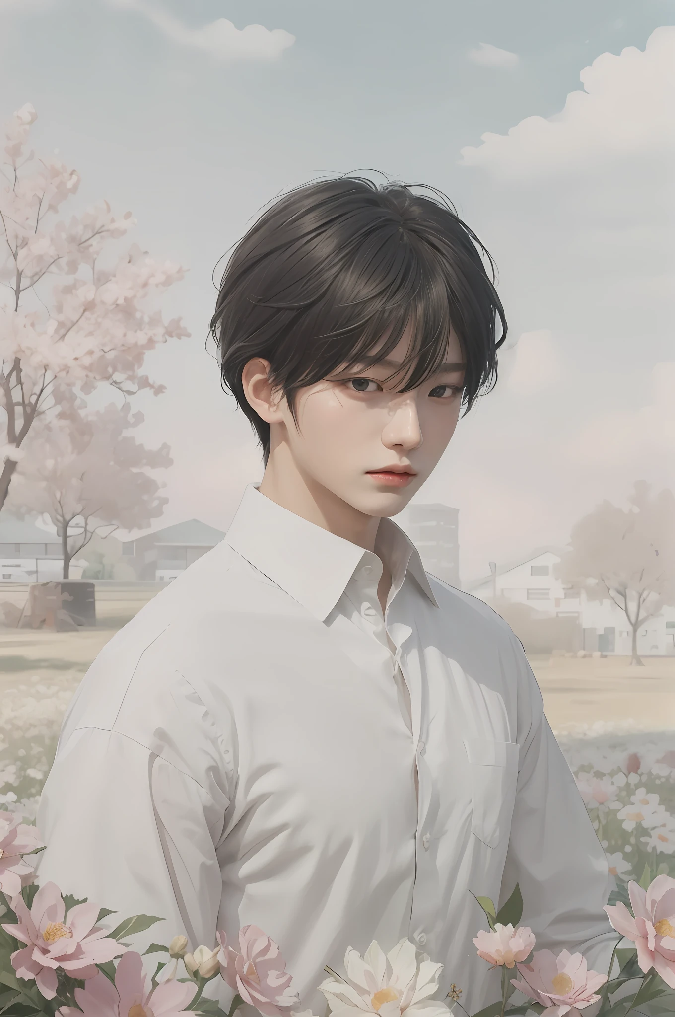 anime boy in a white shirt standing in a field of flowers, inspired by Yanjun Cheng, artwork in the style of guweiz, inspired by Bian Shoumin, anime realism style, smooth anime cg art, high quality portrait, kawaii realistic portrait, yanjun chengt, delicate androgynous prince, young anime man, anime style portrait, nft portrait