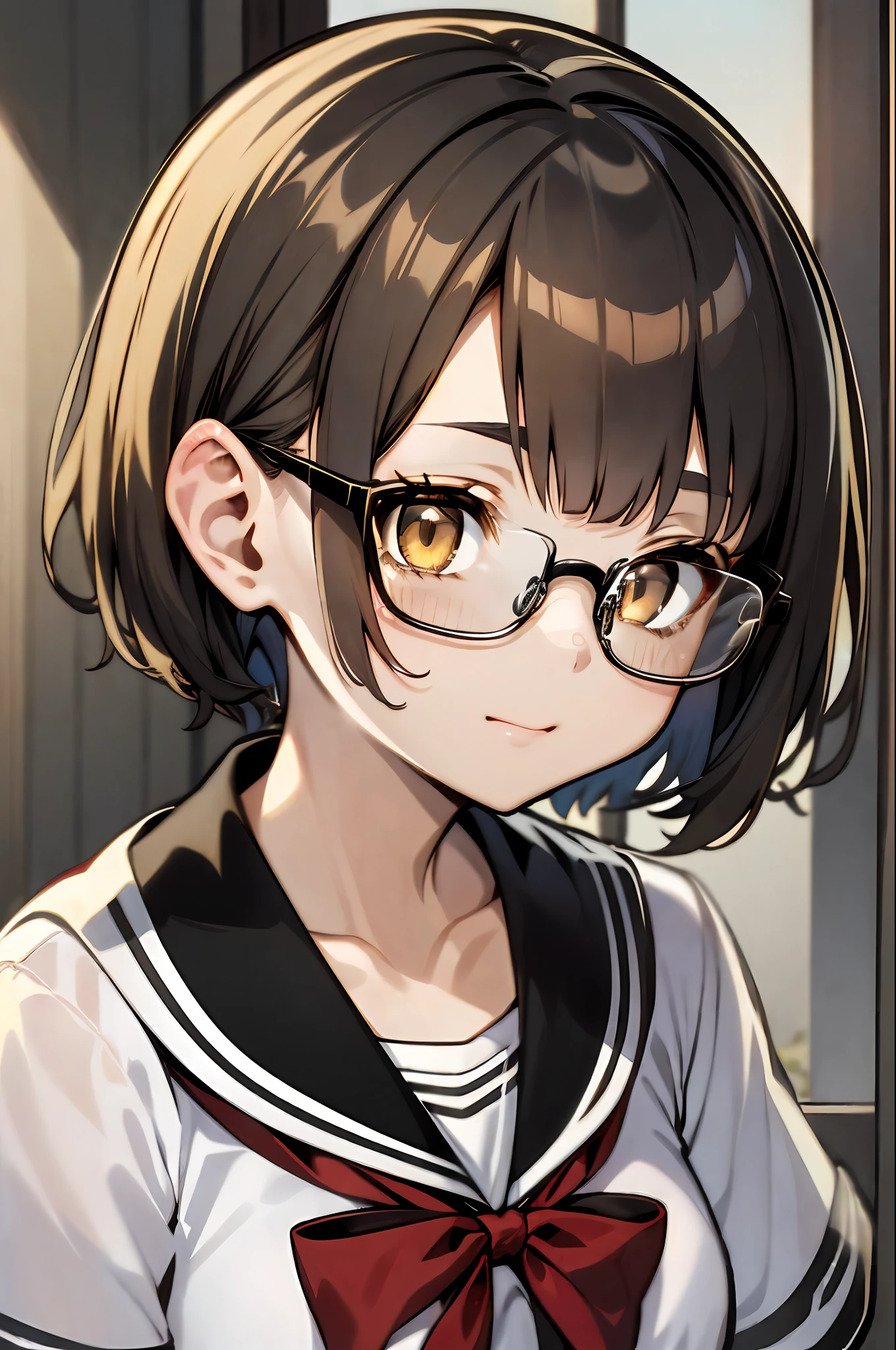 (1 -yeld giA dark-haired、short-hair、straight haired、bow ribbon、Light brown eyes、Black glasses、small tits、cute  face)、Japan school uniform、​masterpiece、top-quality