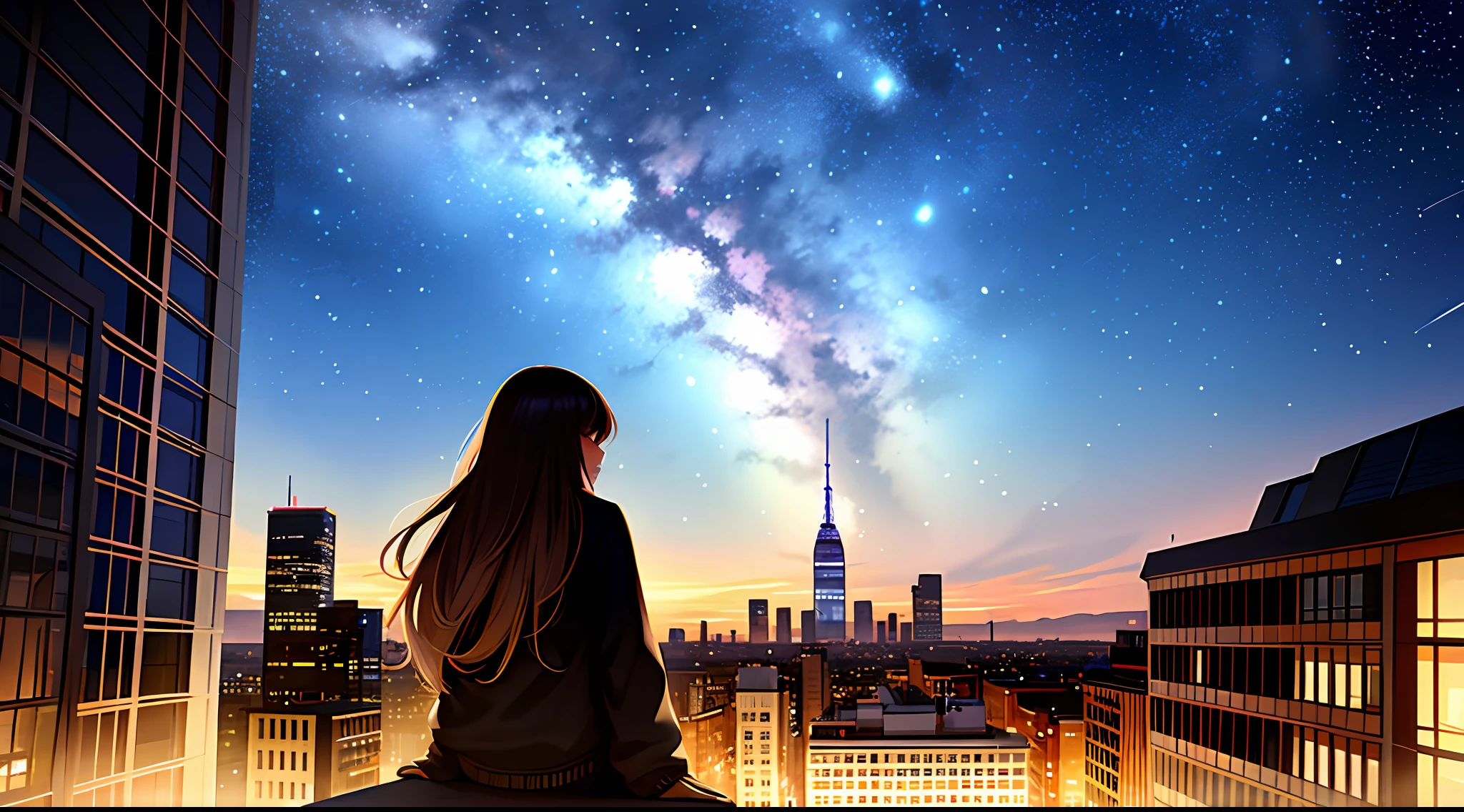 octans, sky, star (sky), scenery, starry sky, night, 1girl, night sky, solo, outdoors, building, cloud, milky way, sitting, tree, long hair, city, silhouette, cityscape