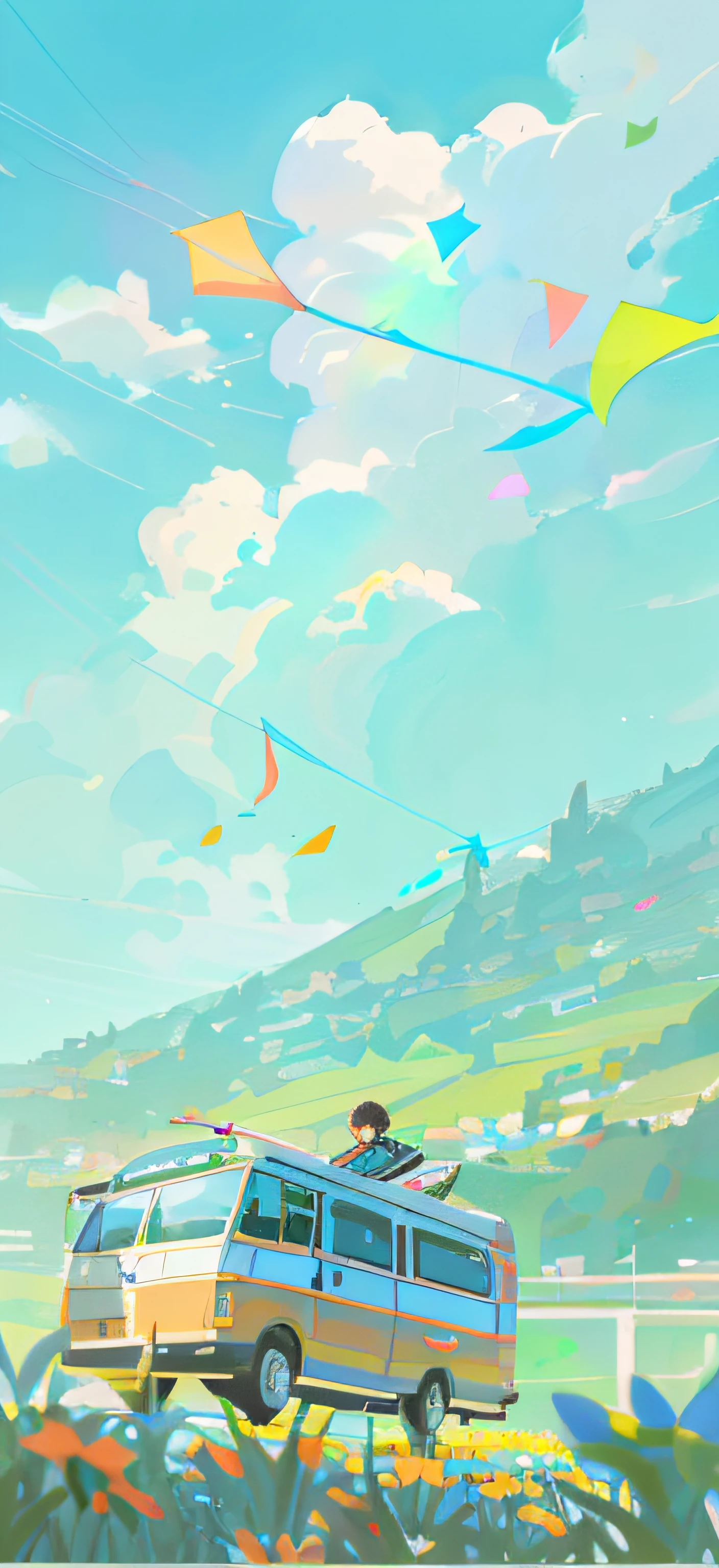 There is one(((Van)))Stop on the grass,has cleavage((A kite)), in the style of makoto shinkai, makoto shinkai art style, Makoto Shinkai's style, Makoto Shinkai. —h 2160, Shinkai Makoto style, Makoto Shinkai!, Studio Ghibli Sky, studio glibly makoto shinkai, Anime landscape