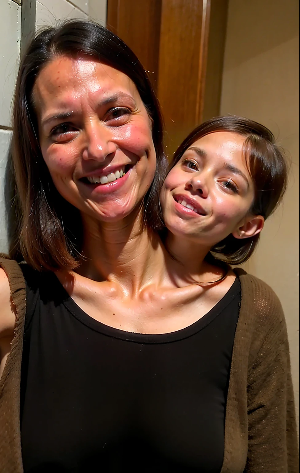 2heads, two headed girl, mom and daughter, (different ages:1.5), (one torso:1.5), (female:1.5), (caucasian:1.5), (two heads attached to one body:1.4), conjoined twins, heads side by side, one torso, young, uncomfortable, barefoot