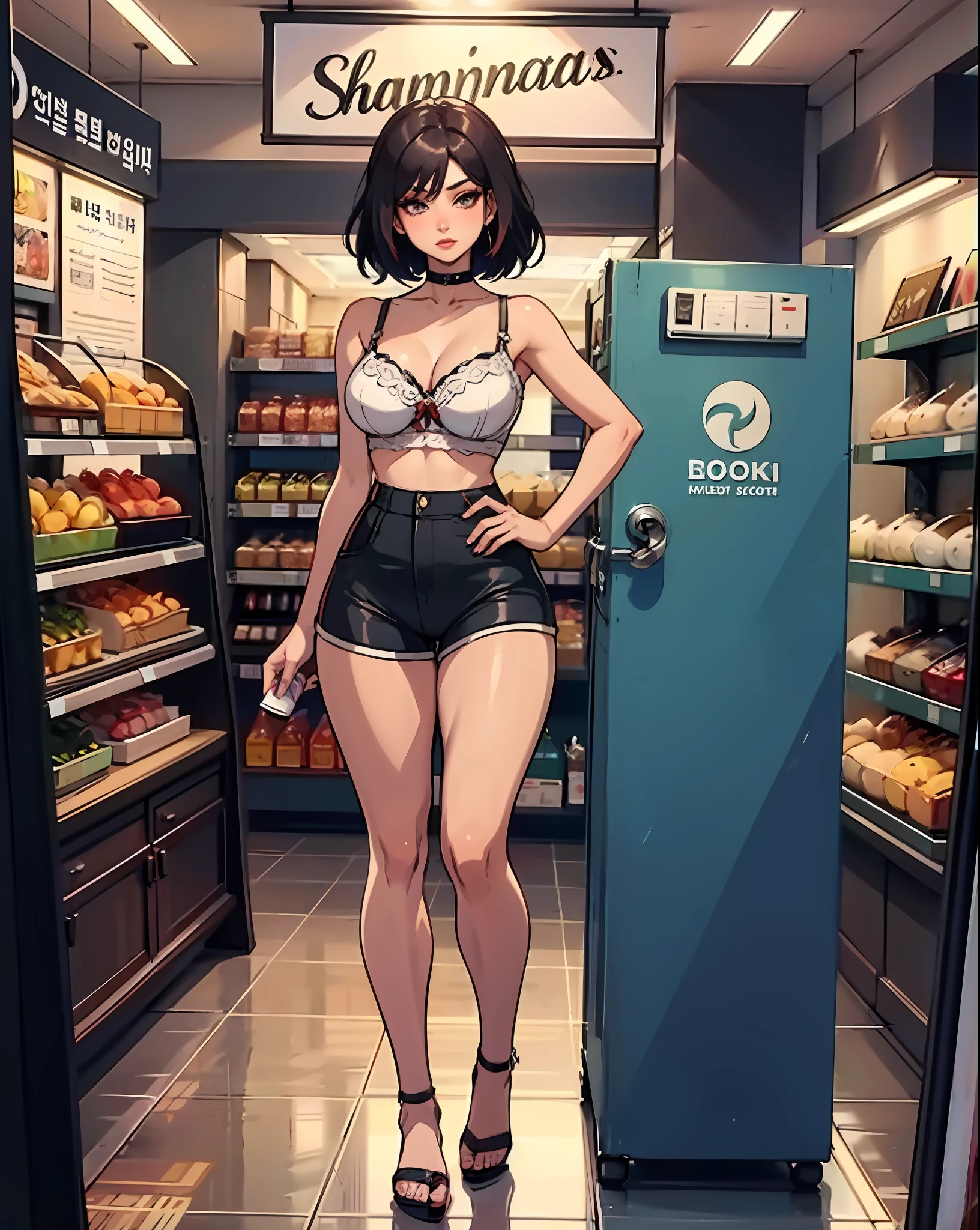 there is a woman standing outside of a store holding a cup, full body cute young lady, wearing a camisole and shorts, smooth white tight clothes suit, large view, muted colored bodysuit, gorgeous lady, skinny waist and thick hips, bra and shorts streetwear, photo of slim girl model, korean women's fashion model, sha xi, sexy girl wearing shorts