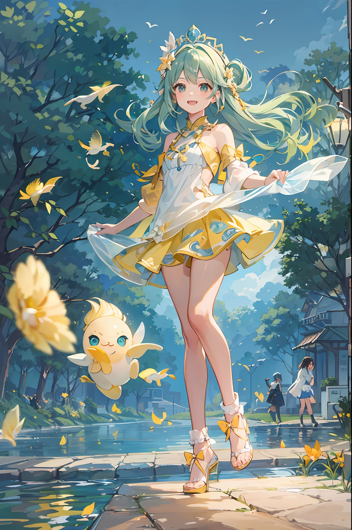 girl with、a smile、jumpping、skirt by the、Street、high-detail、Beautiful、Light Effects、Aqua Peach Yellow,Refers to high fineness、No one in the background、Park with a clean pond、full bodyesbian